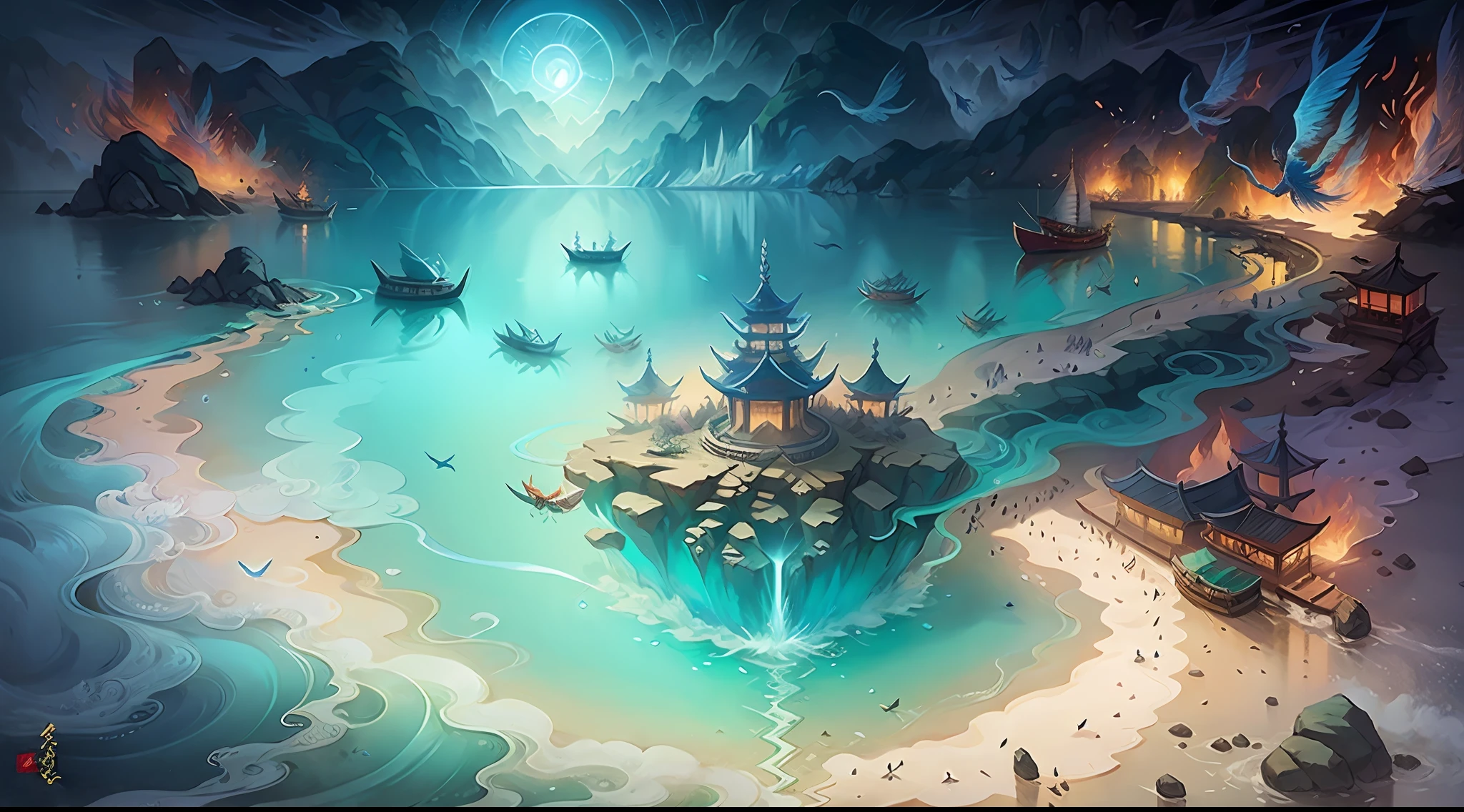 Vast sea,Immortal Island, the ocean,faeries,Auspicious clouds,The beautiful sea goddess Mazu guards everything in the sky,Protect the oceans and fishermen, Fishing village on the island,Small fishing boats at sea,Ancient port,rays of sunshine, tmasterpiece, super detailing, Epic composition,Song Dynasty, hyper HD, high qulity, extremely detaile, offcial art, 统一 8k 壁纸, super detailing, 32K