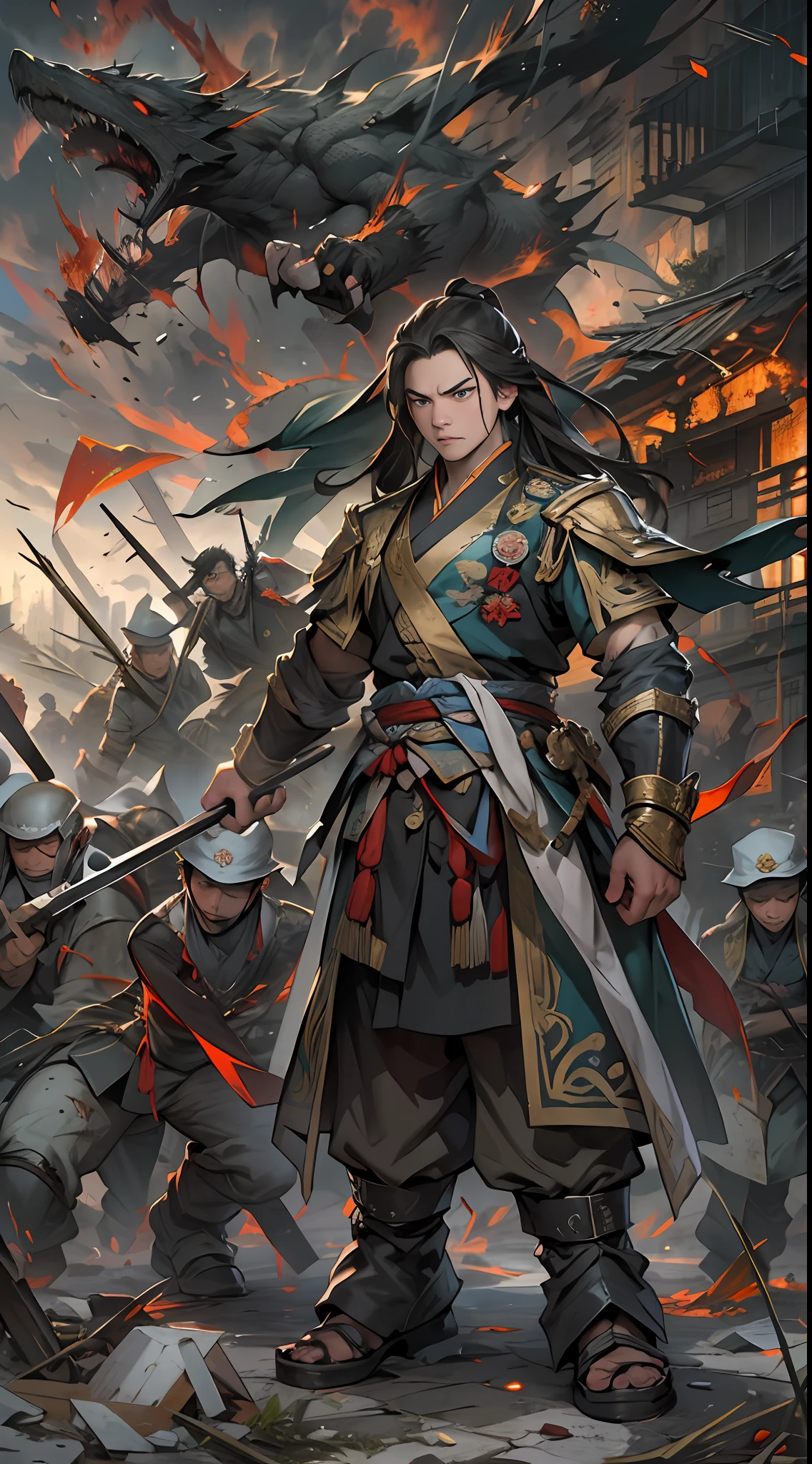 Yuan Jie and others realize the unfavorable situation, proposing to end the battle and retreat in the face of powerful enemies, their expressions solemn, eyes revealing helplessness and disappointment, a war-torn battlefield with broken buildings and debris in the background, , 32k, best quality, masterpiece, super detail, high details