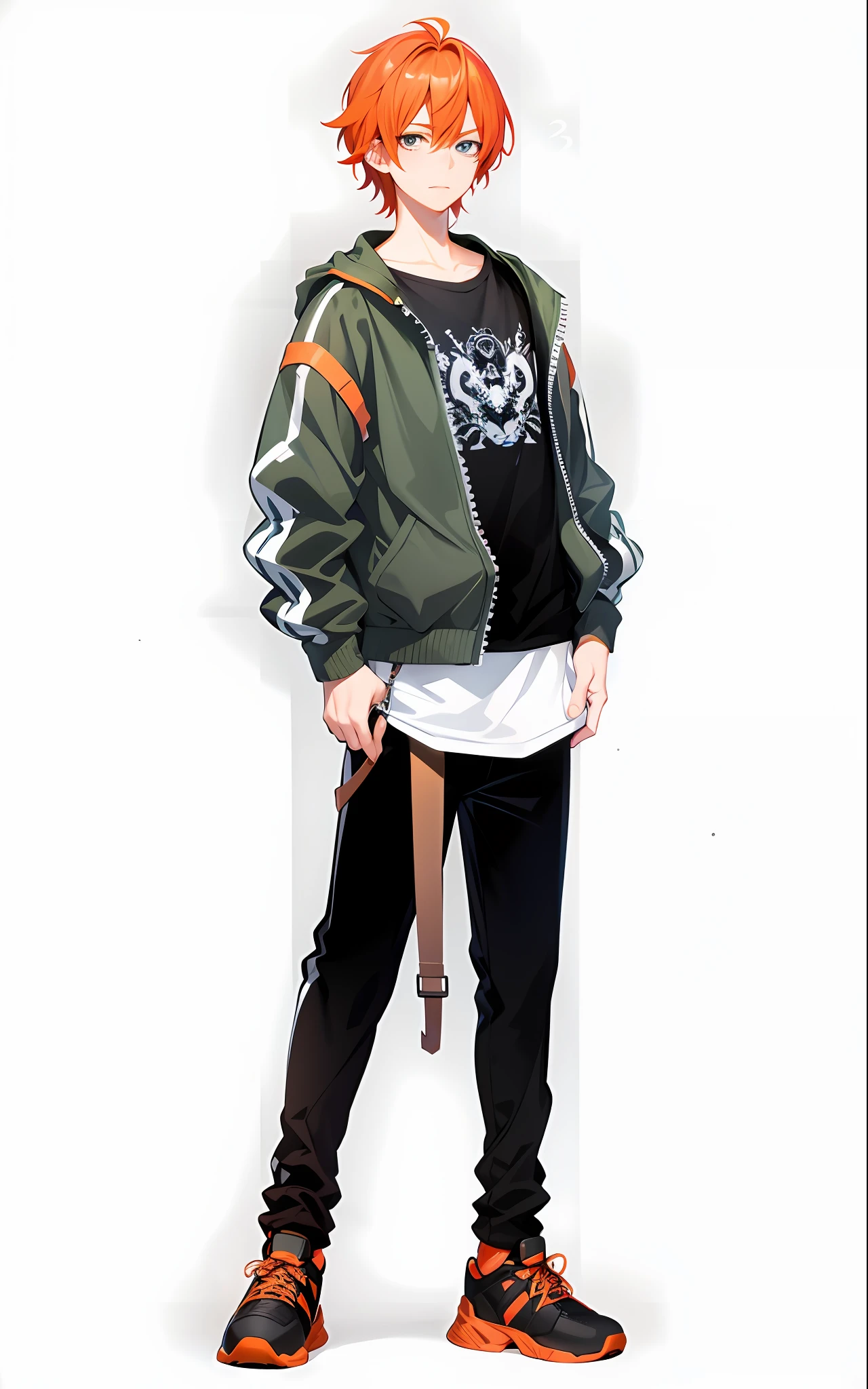 Anime boy standing in front of white background with orange hair and green jacket, Full body illustration, anime full body illustration, Single character full body, anime style character, character full body portrait, full body character portrait, full body character, full-body portraits, Style anime, full body single character, full body portrait of a short!, Male anime style, unrealistic character concept