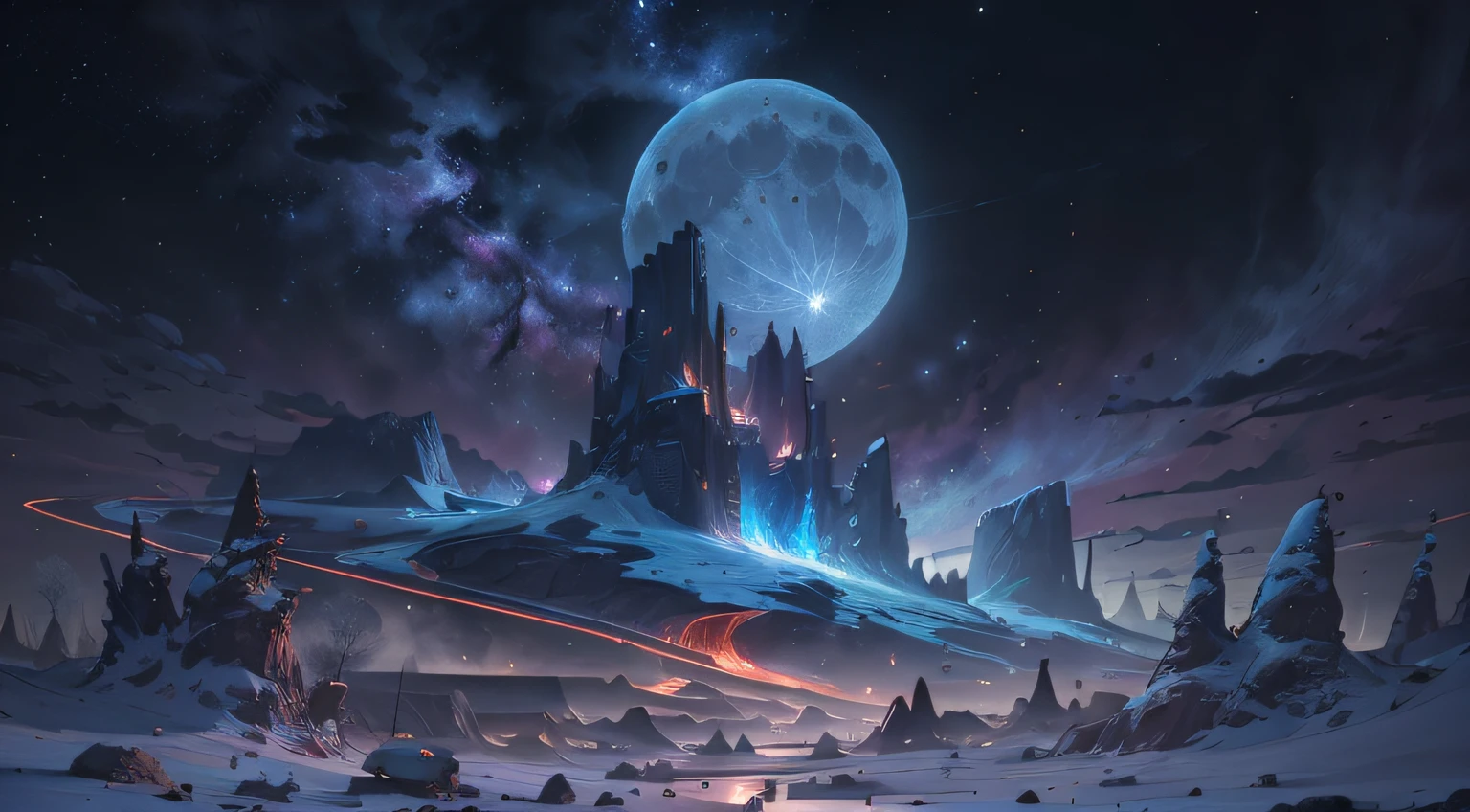 Expansive landscape photography, (See below.), Above is the sky, Below is an open field), (Full Moon: 1.2), (Meteor: 0.9), (Nebula: 1.3), distant mountain, BREAK tree making art, (Warm light source: 1.2), (Firefly: 1.2), lights, Very purple and orange, complicated detail, volume lighting, BREAK realism (Masterpiece: 1.2), (best quality), Ultra-detailed, RAWExtremely detailed, Colorful details,  (Rainbow colors: 1.2), (bright lighting, atmospheric lighting), Dreamlike, Magical, 4k