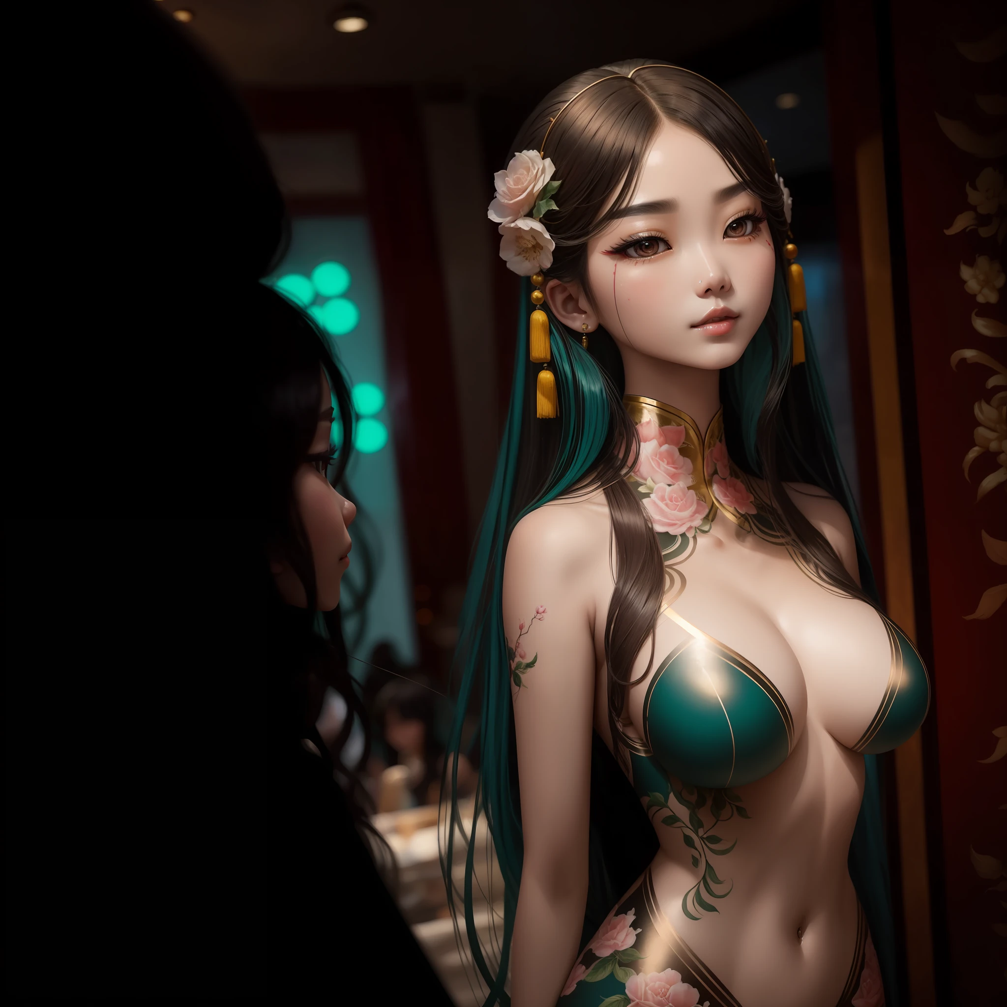 good eyes looking，Very plump，very Bigger breasts，voluminous hair，Delicate face，Chinese women，bodypainting，Twenty figures，1girl --auto