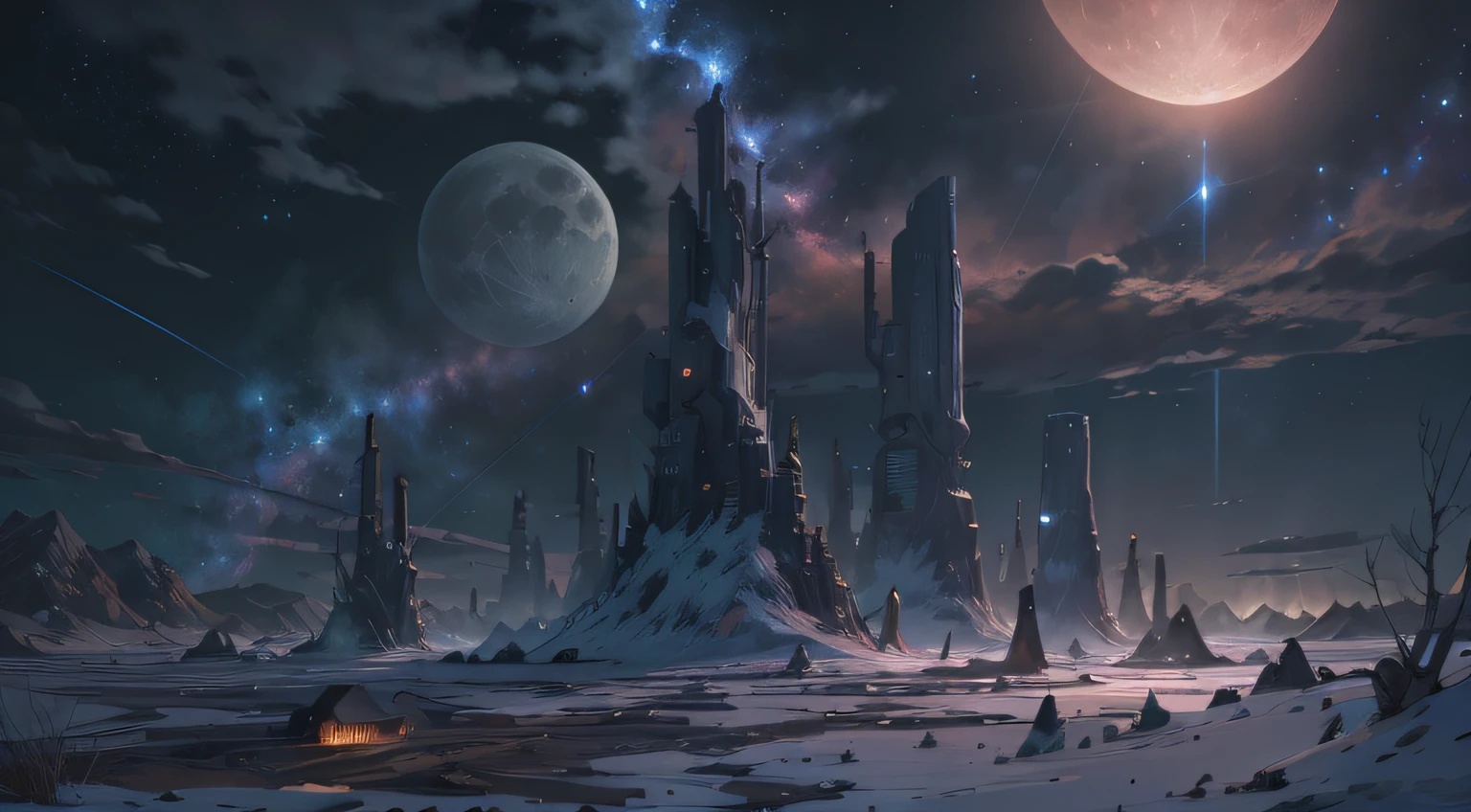 Expansive landscape photography, (See below.), Above is the sky, Below is an open field), (Full Moon: 1.2), (Meteor: 0.9), (Nebula: 1.3), distant mountain, BREAK tree making art, (Warm light source: 1.2), (Firefly: 1.2), lights, Very purple and orange, complicated detail, volume lighting, BREAK realism (Masterpiece: 1.2), (best quality), Ultra-detailed, RAWExtremely detailed, Colorful details, (Rainbow colors: 1.2), (bright lighting, atmospheric lighting), Dreamlike, Magical, 4k