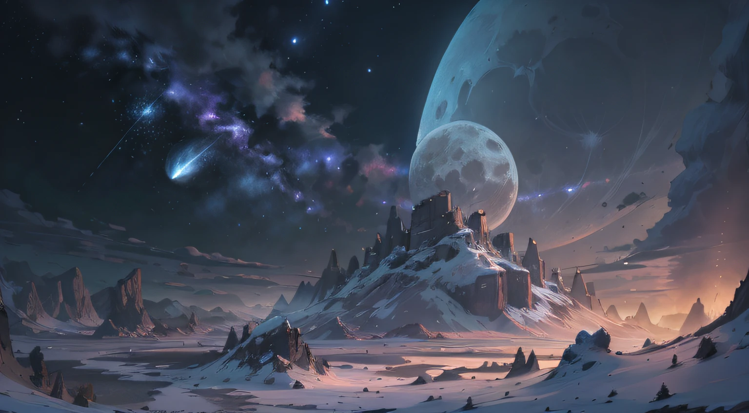 Expansive landscape photography, (See below.), Above is the sky, Below is an open field), (Full Moon: 1.2), (Meteor: 0.9), (Nebula: 1.3), distant mountain, BREAK tree making art, (Warm light source: 1.2), (Firefly: 1.2), lights, Very purple and orange, complicated detail, volume lighting, BREAK realism (Masterpiece: 1.2), (best quality), Ultra-detailed, RAWExtremely detailed, Colorful details,  (Rainbow colors: 1.2), (bright lighting, atmospheric lighting), Dreamlike, Magical, 4k