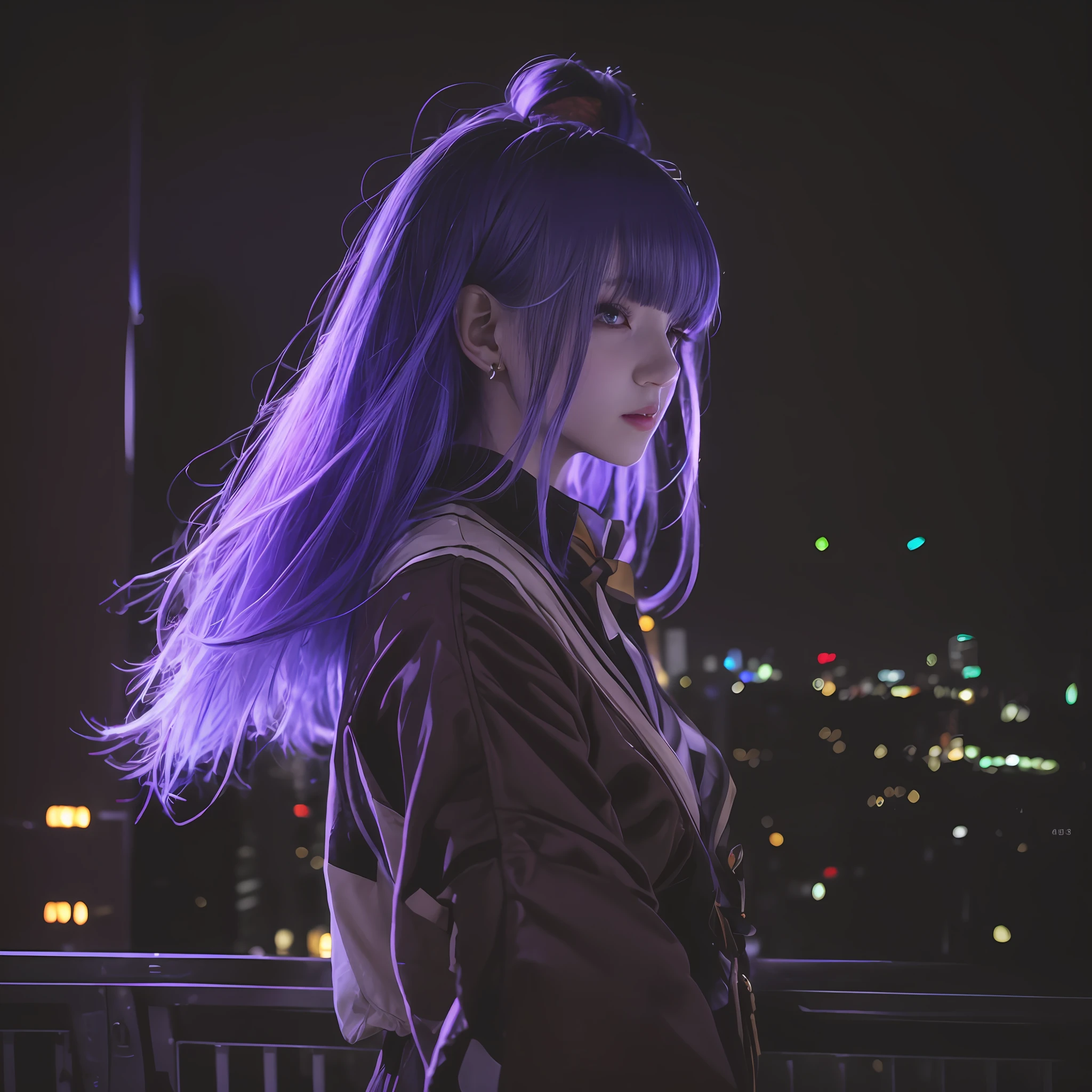 arafed woman with long purple hair standing on a balcony overlooking a city, anime style mixed with fujifilm, anime. soft lighting, on tokyo cyberpunk night rooftop, taken with canon eos 5 d mark iv, taken with canon 5d mk4, anime style 4 k, on rooftop tokyo night, watching the sun set. anime, calm night. over shoulder shot