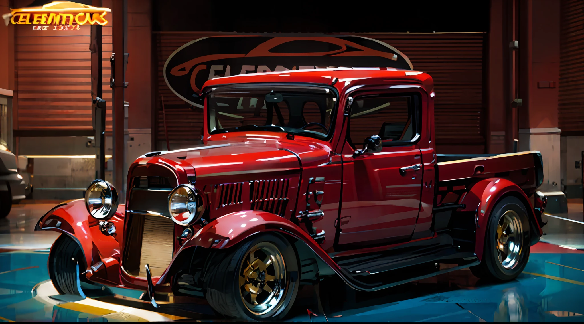 A closeup of a red truck in a showroom display, Restomod, classic cars, CR3, classic car, 1934, 1 9 3 4, carro vermelho, vermelho quente, 1 9 3 2, 1932, vermelho cromado, 1 9 3 3, 1933, Ford Modelo T, 1 9 3 1,4k,ultra-detalhado, fotorrealista, perfect lighting,