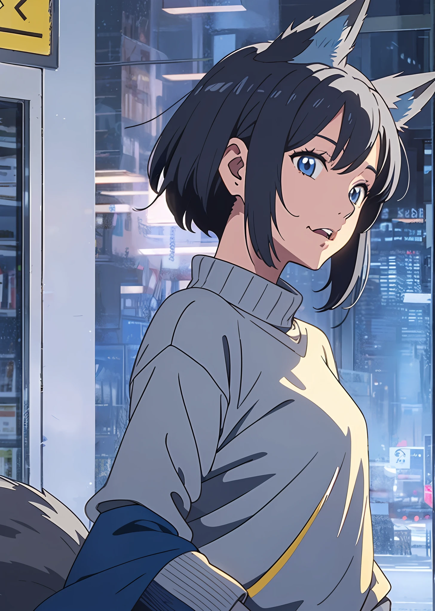 Anime, girl, woman, short black hair, grey fox ears, blue eyes, in the mouth the fang on the left side stands out, a grey fox tail, thin body without much chest, cold sweater, blue sleeves and the rest grey, yellow shirt, legging trousers --auto --s2
