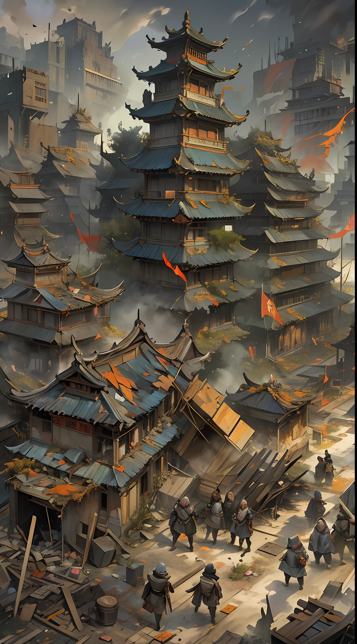 Yuan Jie and others realize the unfavorable situation, proposing to end the battle and retreat in the face of powerful enemies, their expressions solemn, eyes revealing helplessness and disappointment, a war-torn battlefield with broken buildings and debris in the background, , 32k, best quality, masterpiece, super detail, high details