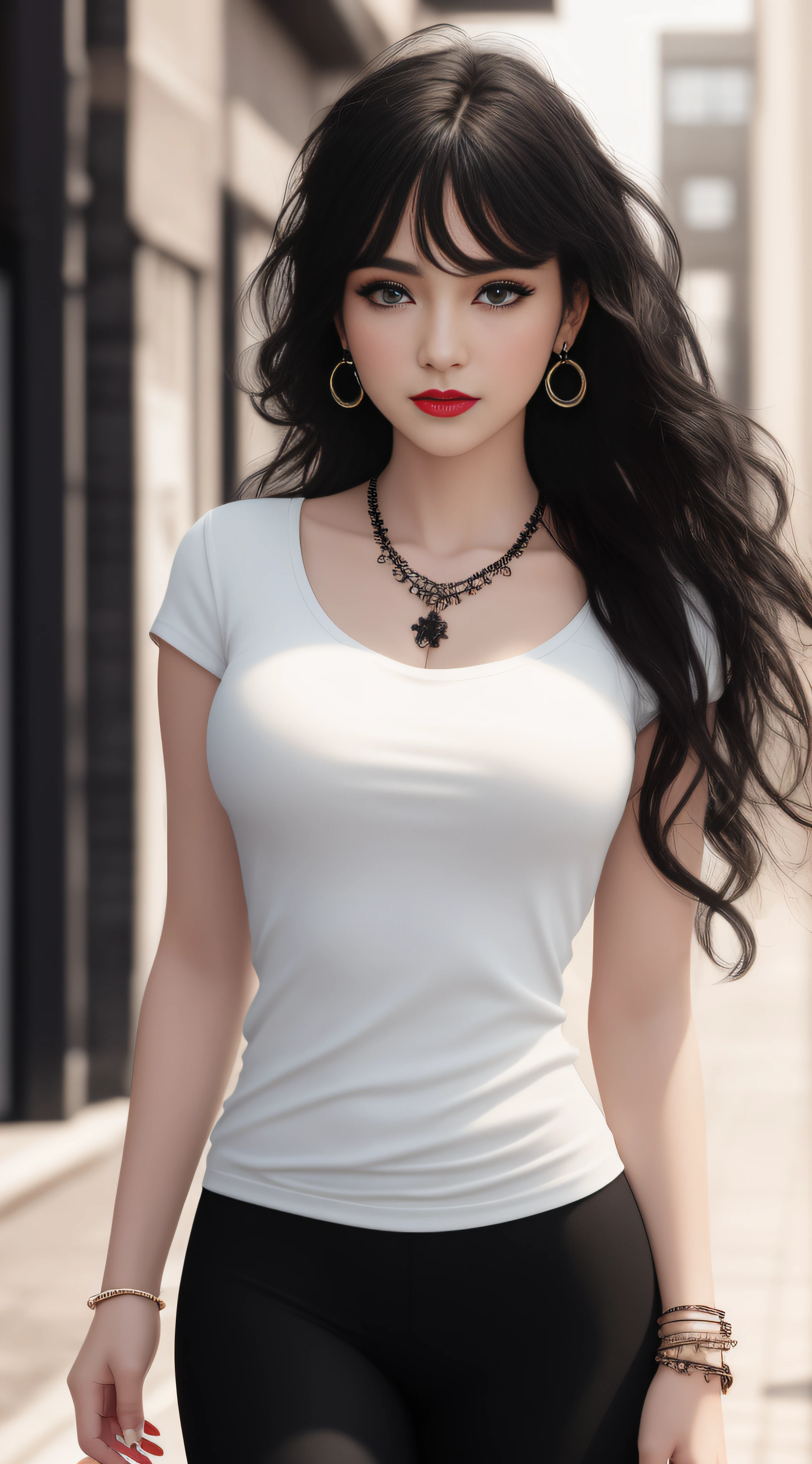 ((best quality)),((masterpiece)),((ultra high res)), (intricate details), (soft lighting), cinematic, dramatic, composition, sunny sky, brutalist, hyper realistic, epic scale, sense of awe, insane level of details, 1woman, (beautiful body), hot pants, (white top) (short and tight top), (full body shot), (black long hair:1.5),35mm, sharp, hyper realism, necklace, (detailed ornaments), hair ornament, earrings, bracelet, rings, soft lips, pink lipstick, blue eyes, narrow waist, normal breast, real human skin, lens flare, shade, backlighting, depth of field, natural lighting, street background, little smile, blush, depth of field