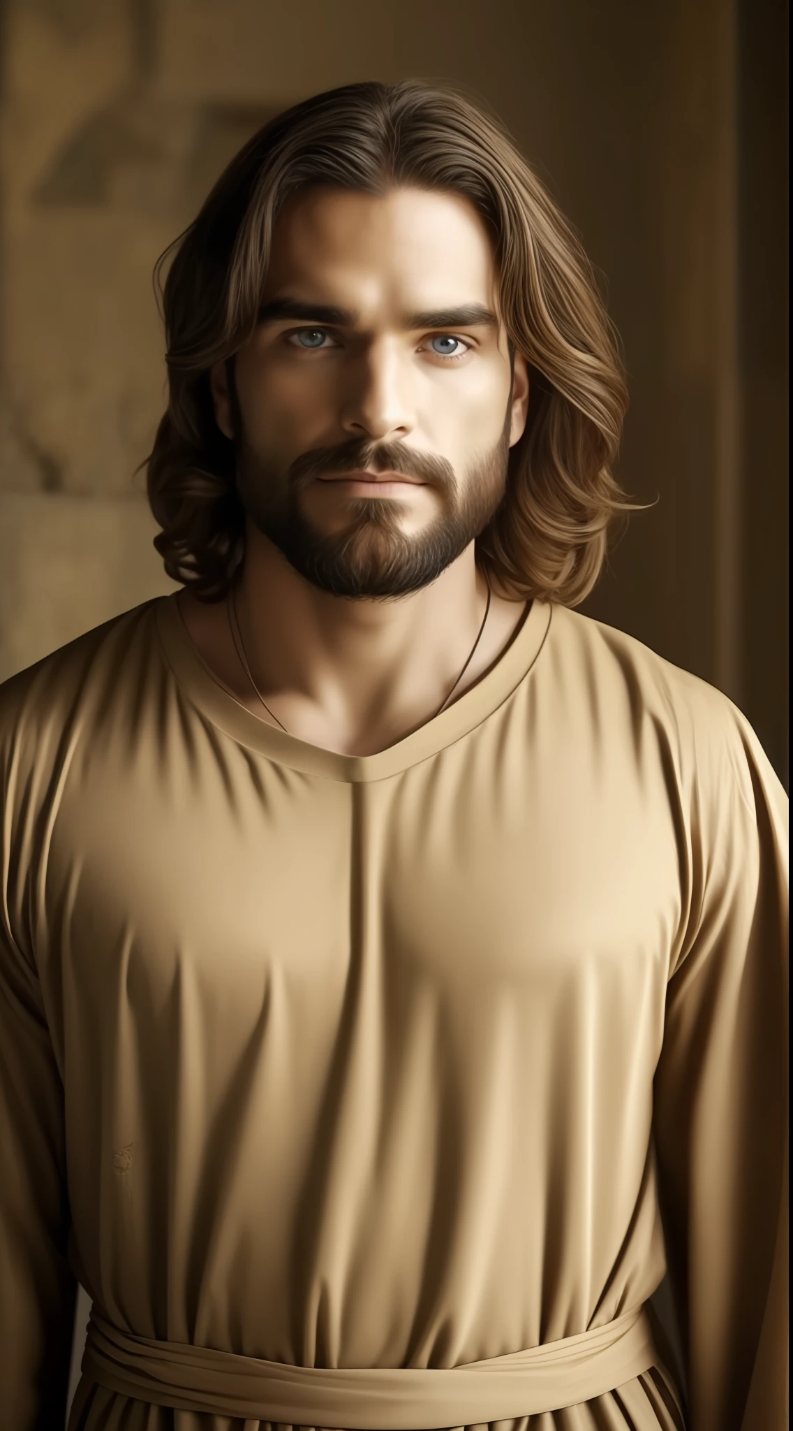 Seth Rollins como Jesus Cristo, wearing tunic, focar nos detalhes do rosto, cabelo escuro preto, semelhante ao seth rollins, wearing the long beige tunic of Jesus, Biblical style of Jesus, imagem realista, fundo da imagem preto escuro , melhor qualidade, 8k, focar nos detalhes.