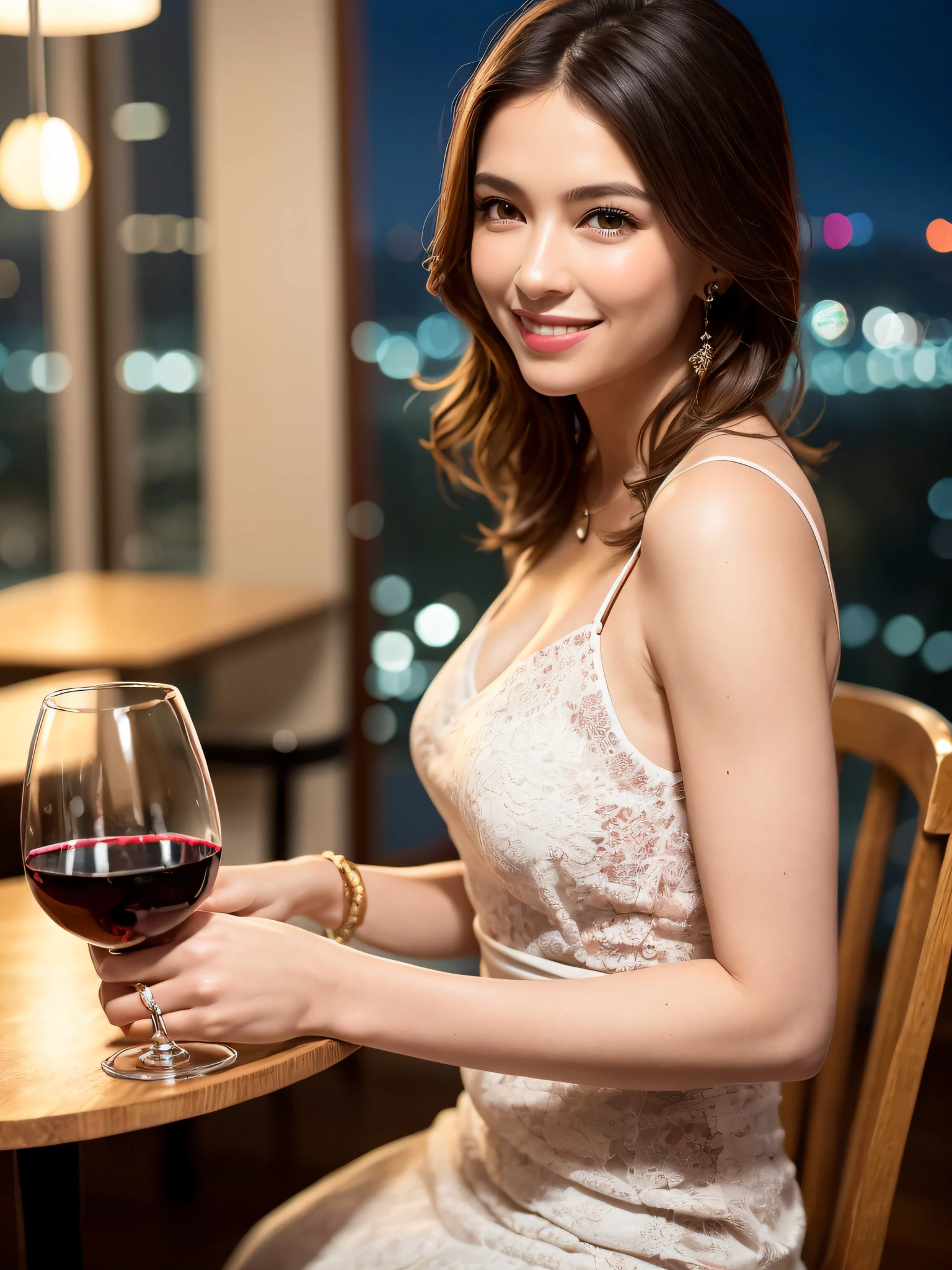 (64K, UHD, top quality, masterpiece: 1.2), (realistic, photorealistic: 1.37), super detailed, pretty woman 1 person, (slim face), (slim body), (brown hair), (short cut), cheeks slightly blushing, (44 years old), 38 years old, solo, beautiful detailed urban night view outside the window, restaurant, wine glasses sit, at night, in a prominent placeNovaFrogStyle, Actress, Model, Waist Up, White Wine, Slim, Wine Glass, Super Clean Night View, Wine Glass Put in the Middle, Happy Smile, (Smile: 1.15), Beautiful Fine Eyes, Upper Body, Bust Japan Up, Night, Short, Short, Actress, Model, Waist Up, White Wine, Slim, Wine Glass, Super Clean Night View, Wine Glass Put in the Middle, Happy Smile,