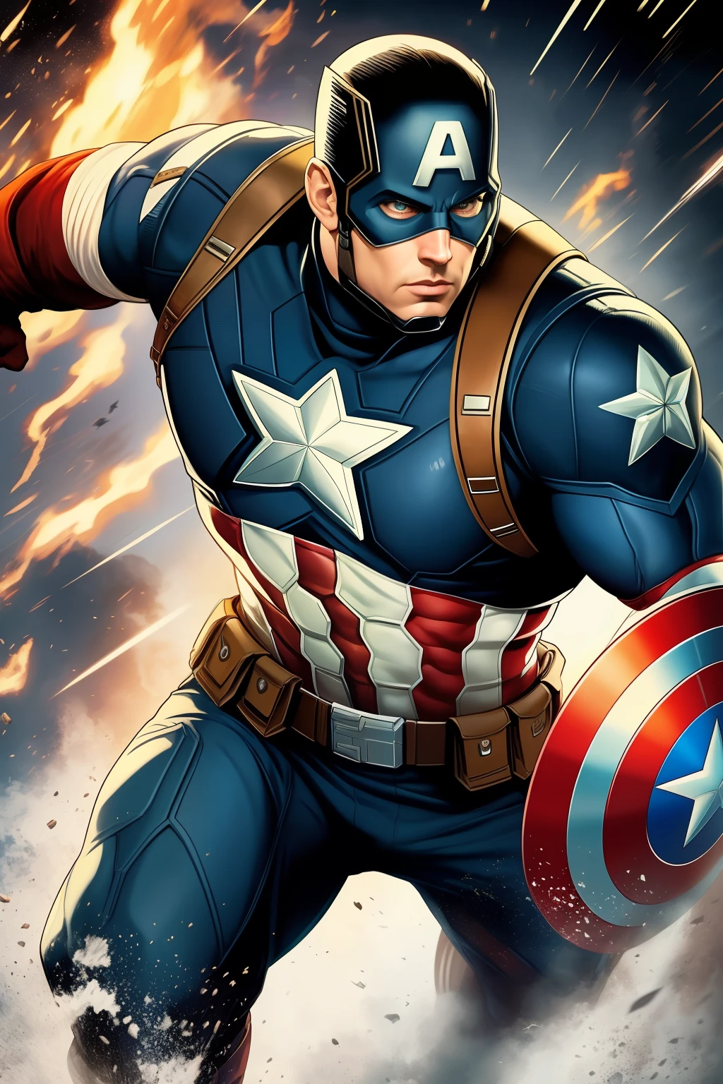 "((Masterpiece)), melhor qualidade, terno futurista, detalhes intricados e realistas, Captain America (personagem masculino), With a lot of presence and imposing, in FHD resolution."