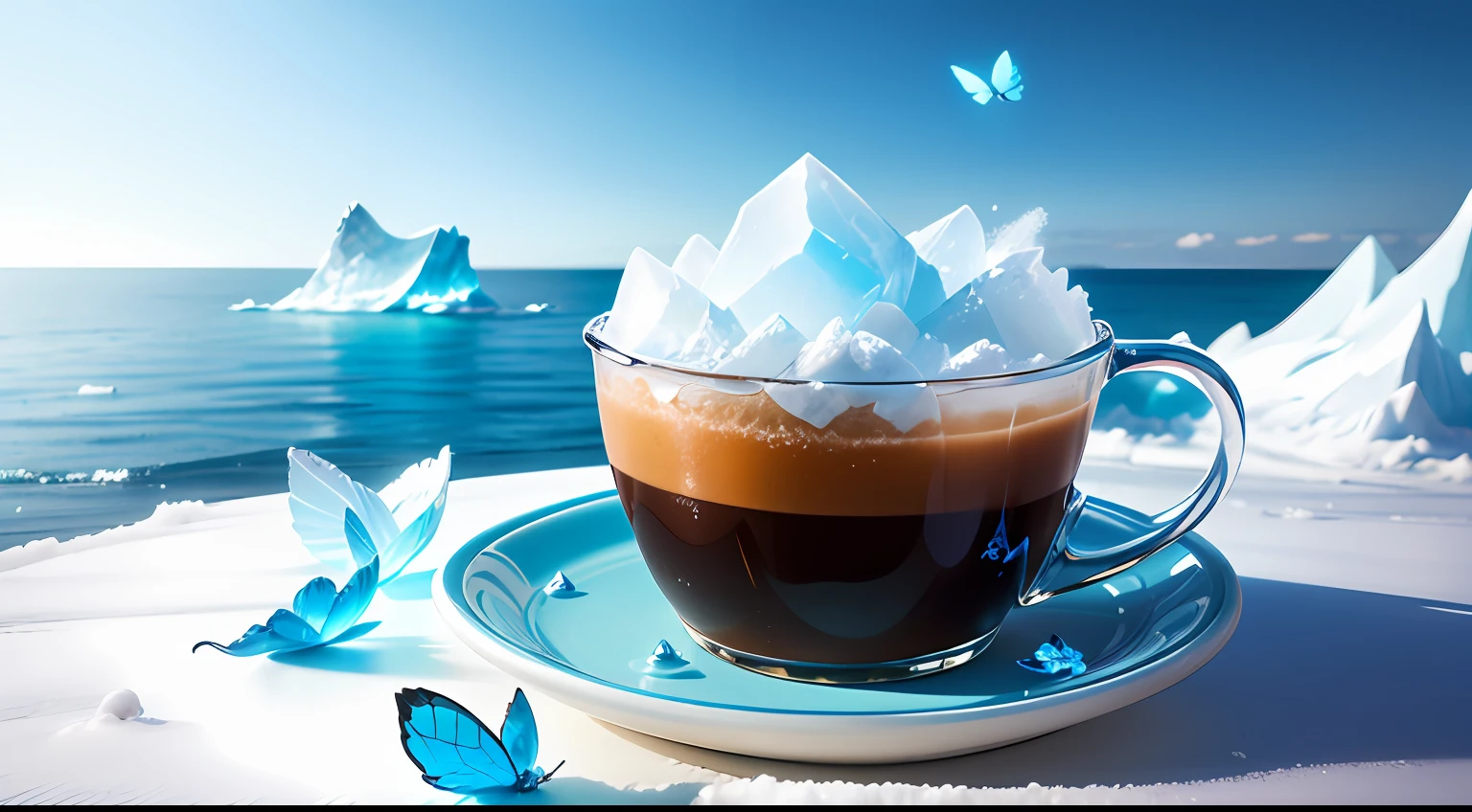 A cup of coffee stands on a protruding ice mound,Plastic coffee cups,Blue butterflies fly over it,Surrounded by ocean,Icy blue theme,Light blue sky background,Surrounded by icebergs,Blue-white tones,Blue ocean,blue liquid and snow,icy, ice coffee, Blue-Ice,The cold hit --auto