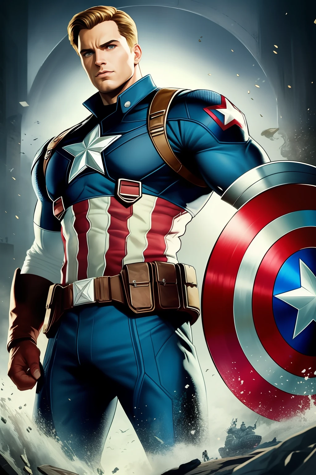 "((Masterpiece)), melhor qualidade, terno futurista, detalhes intricados e realistas, Captain America (personagem masculino), With a lot of presence and imposing, in FHD resolution."