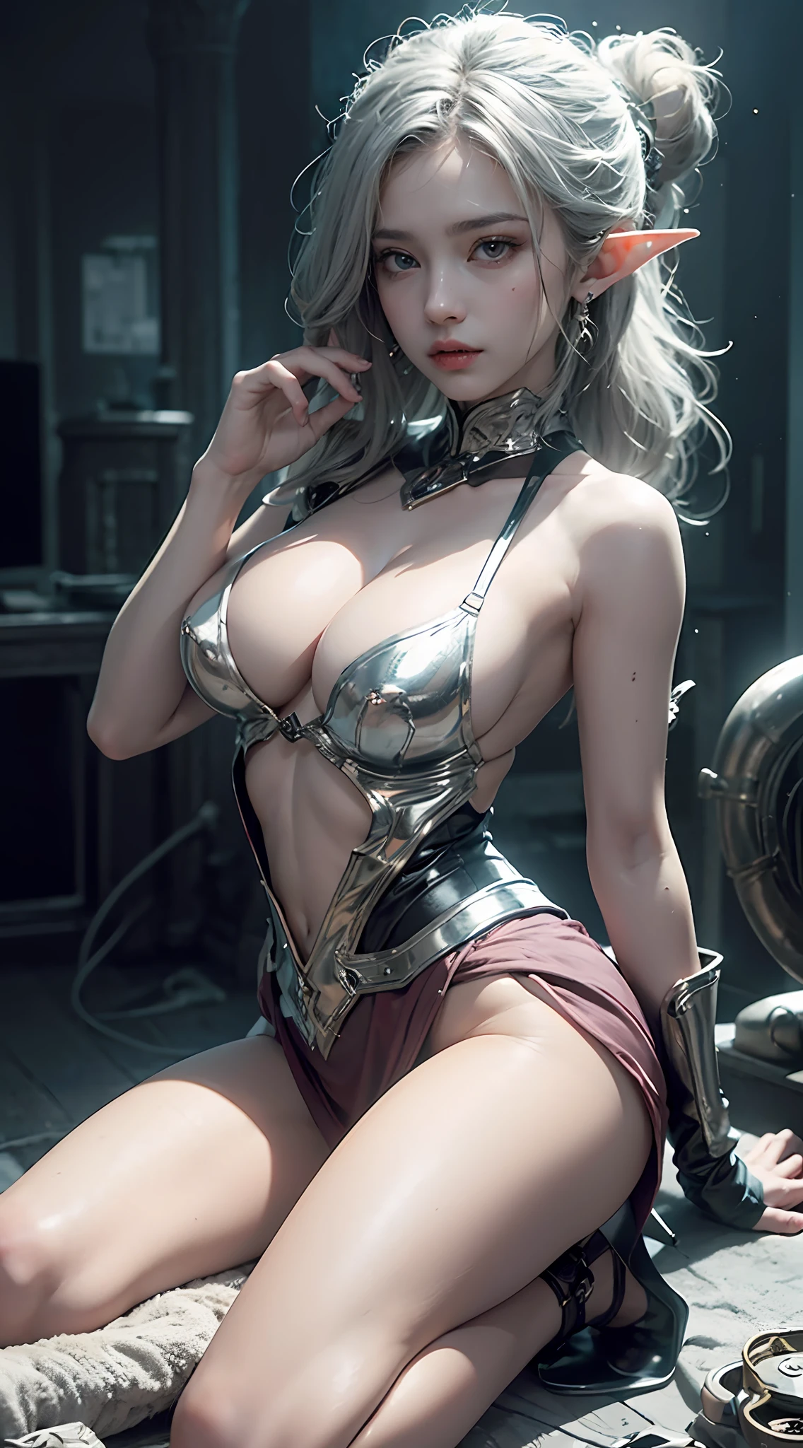 ((best qualtiy)), ((A masterpiece)), (detail:1.4), 3D beauty, A beautiful elven fantasy beautiful girl,Elf long ears,ear studs,(Kneeling pose),((Long silver hair,hair-bun:1.9)),(long purple skirt:1.6)(Black stockings beautiful legs,heeled sandals:1.6)(Western European medieval style,Metal Temple,:1.6),Metallic sequins,West Phantom Wind,closeup of face,closeup of face,(Extremely normal hands,Extremely normal legs),hdr(HighDynamicRange),Ray traching,NVIDIA RTX,Hyper-Resolution,illusory 5,Subsurface scattering、PBR Texture、post-proces、Anisotropy Filtering、depth of fields、maximum definition and sharpness、Many-Layer Textures、Albedo e mapas Speculares、Surface coloring、Accurate simulation of light-material interactions、perfectly proportioned、rendering by octane、Two-colored light、largeaperture、Low ISO、White balance、Rule of thirds、8KRAW
