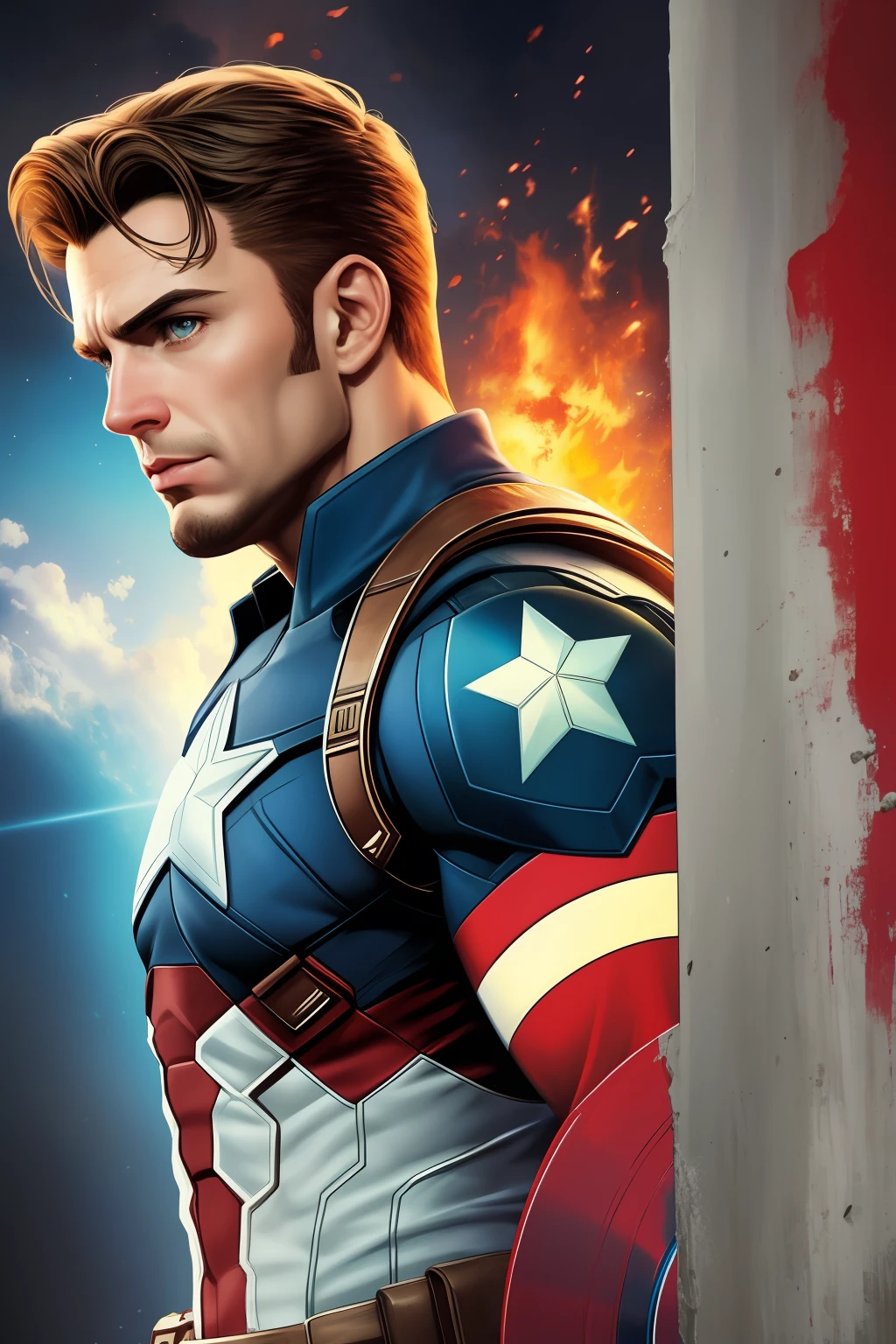 "((Masterpiece)), melhor qualidade, terno futurista, detalhes intricados e realistas, Captain America (personagem masculino), With a lot of presence and imposing, in FHD resolution."