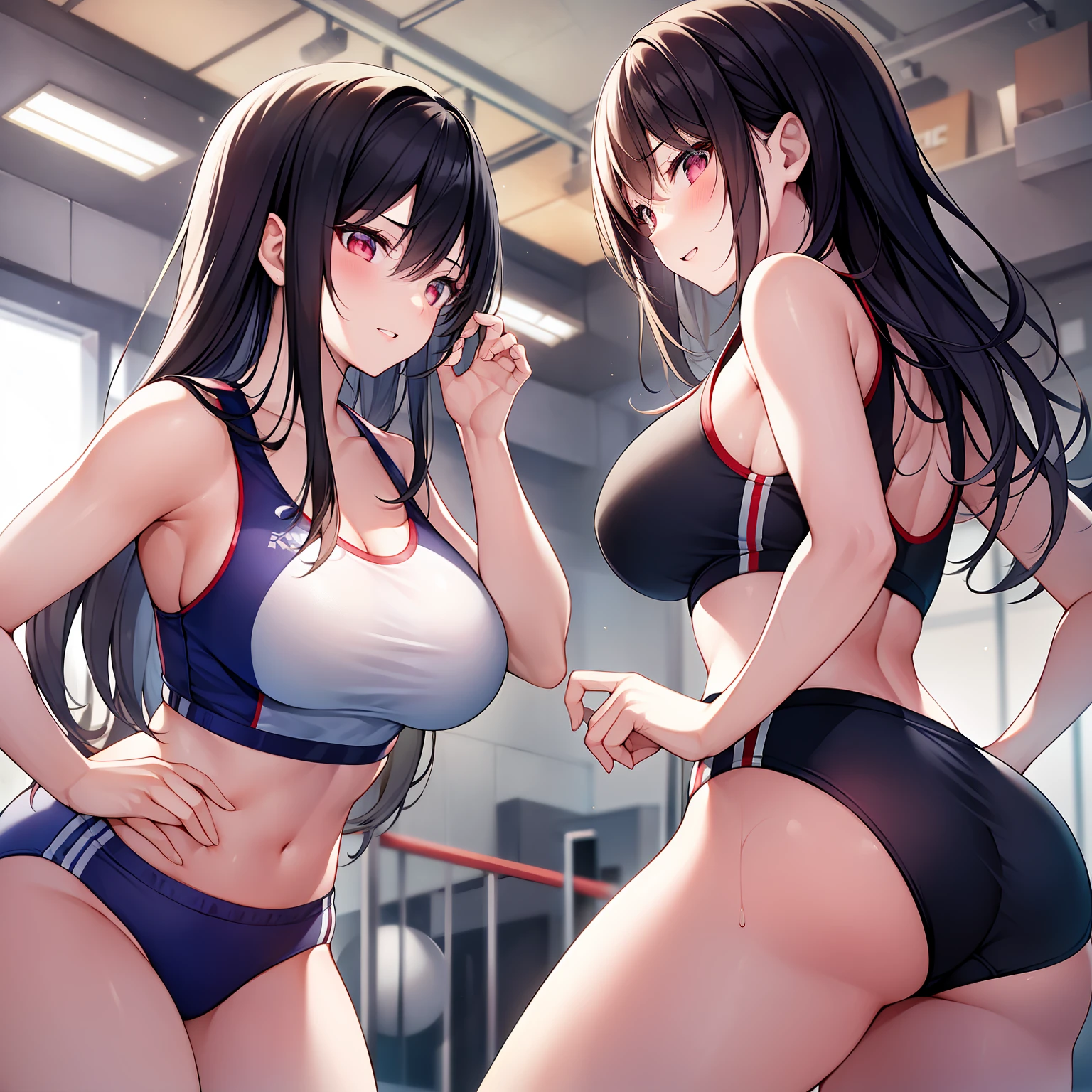 In a state-of-the-art gym, two amazing and captivating 23-year-old Asian girls exude an aura of beauty and determination. With their short, straight black hair framing faces of exquisite features and porcelain skin radiating a soft glow, they become the epitome of athletic grace. Their red lips add a touch of allure to their captivating smiles as they confidently move through the gym, clad in sleek sportswear that accentuates their perfect shapes and bodies. Each step they take showcases their strength and dedication to fitness, inspiring admiration and awe in those around them. In this empowering atmosphere, they form a dynamic duo, motivating each other to push beyond limits and reach new heights of athleticism. As they engage in workouts with precision and passion, they symbolize the embodiment of strength and beauty, inspiring all who witness their journey to embrace the pursuit of health and wellness with the same zeal and grace.