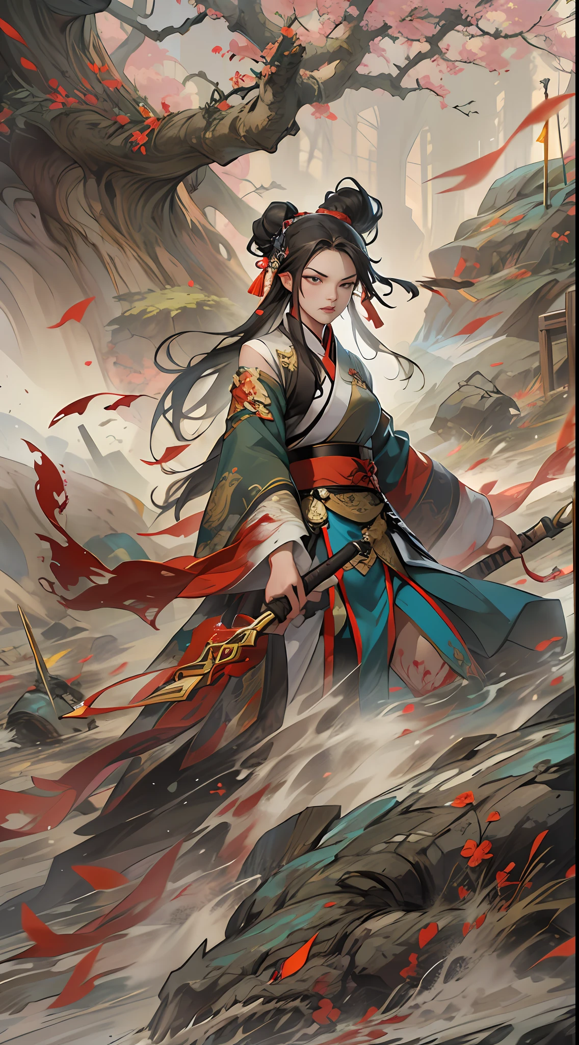 Qiong Xiong suggests giving up peace talks and retreating to claim the exclusive spirit spring, but Yuan Jie refuses this proposal. They argue fiercely on the battlefield, with serious expressions and determined eyes, a war-torn battlefield and flowing blood in the background, , 32k, best quality, masterpiece, super detail, high details,