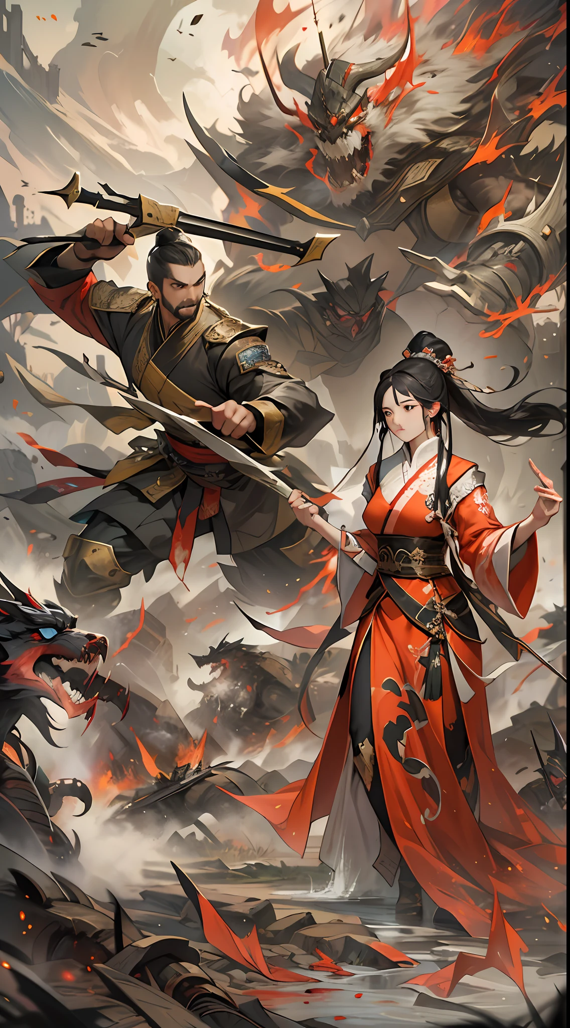 Qiong Xiong suggests giving up peace talks and retreating to claim the exclusive spirit spring, but Yuan Jie refuses this proposal. They argue fiercely on the battlefield, with serious expressions and determined eyes, a war-torn battlefield and flowing blood in the background, , 32k, best quality, masterpiece, super detail, high details,