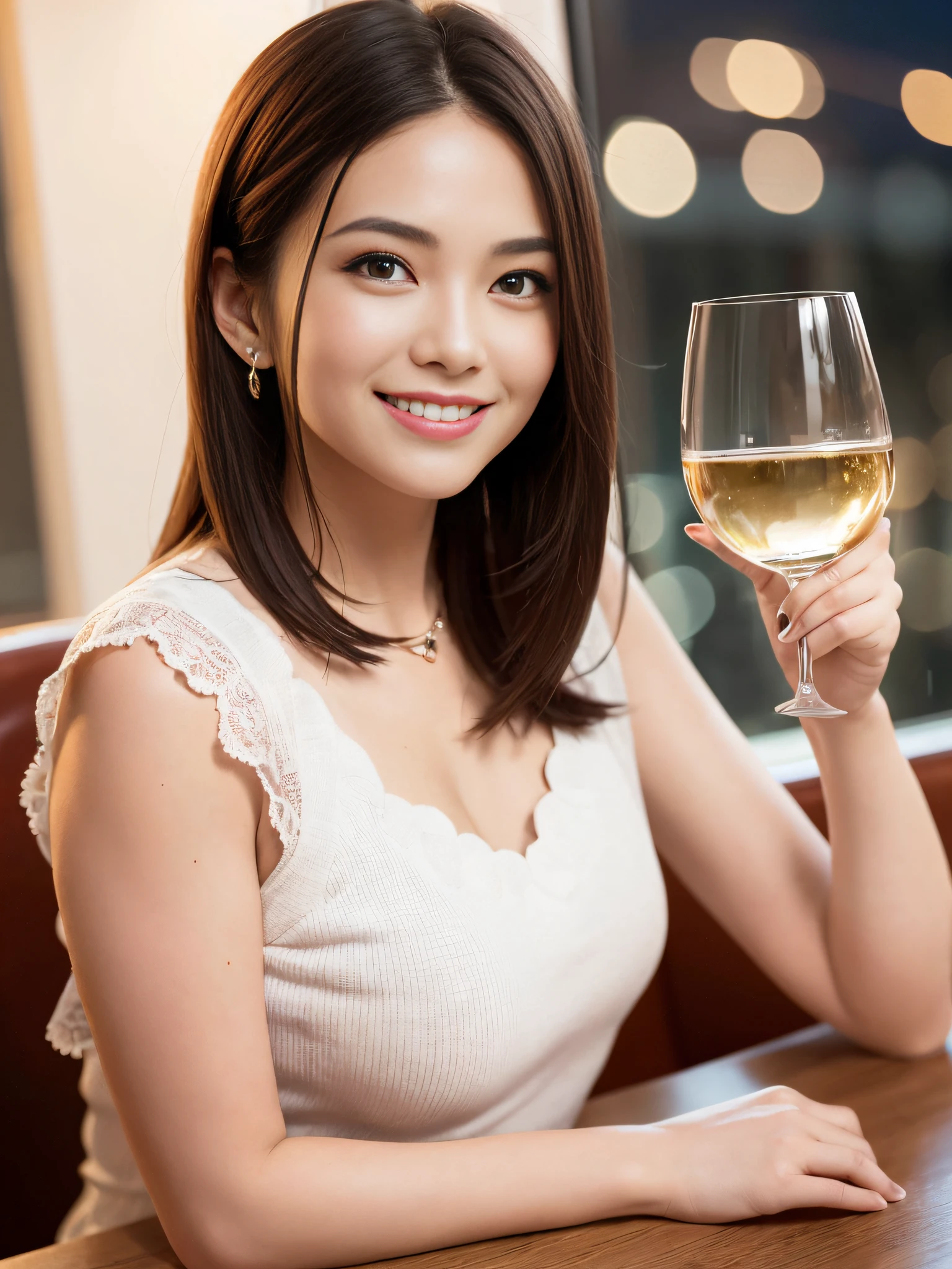 (64K, nffsw, of the highest quality, masutepiece: 1.2), (Realistic, Photorealistic: 1.37), Ultra-detailed, 1 pretty woman, (Slim Face), (Slim body), (Brown hair), (short-cut), cheeks blush a little, (41 years old), 38 years, Solo, Beautiful detailed urban night view outside the window, restaurant, Sitting in a wine glass, At night, Novafrog style in a prominent place, Model, waist-up, white wine, slim, wine glasses, Super clean night view, Wine glass placed in the middle, Happy smile, (Smile: 1.15), Beautiful fine eyes, Upper body, Night, Short, Short, actress, Model, waist-up, white wine, slim, wine glasses, Super clean night view, Wine glass placed in the middle, Happy smile,