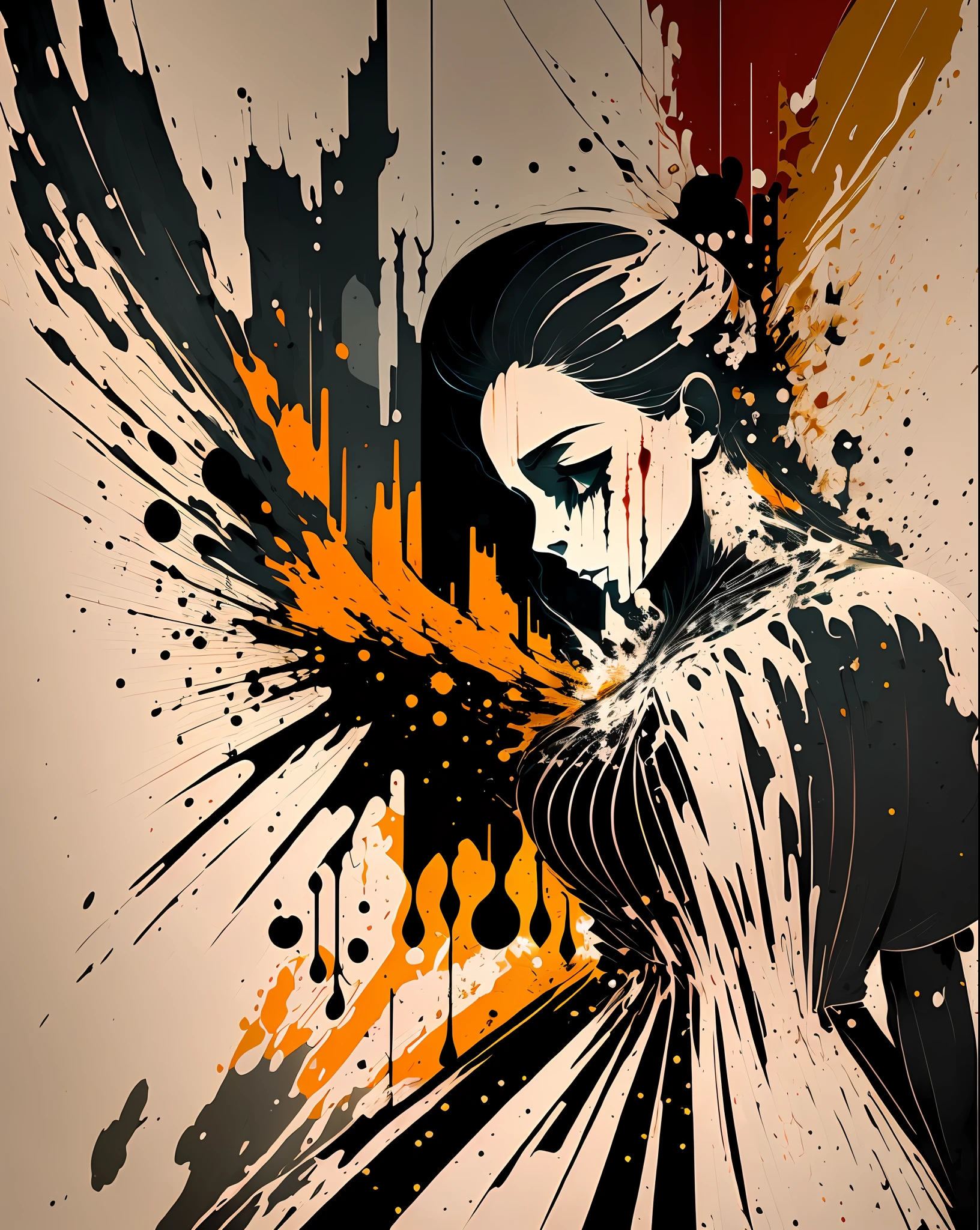 (masterpiece, top quality, best quality, official, beautiful and aesthetic art: 1.2), (1silhouette: 1.3), extremely detailed, colorful, most detailed (dynamic pose), (abstract background: 1.5), (tredital dress: 1.2 ), its human silhouette in the center a sad person, bloodstains, dynamic background