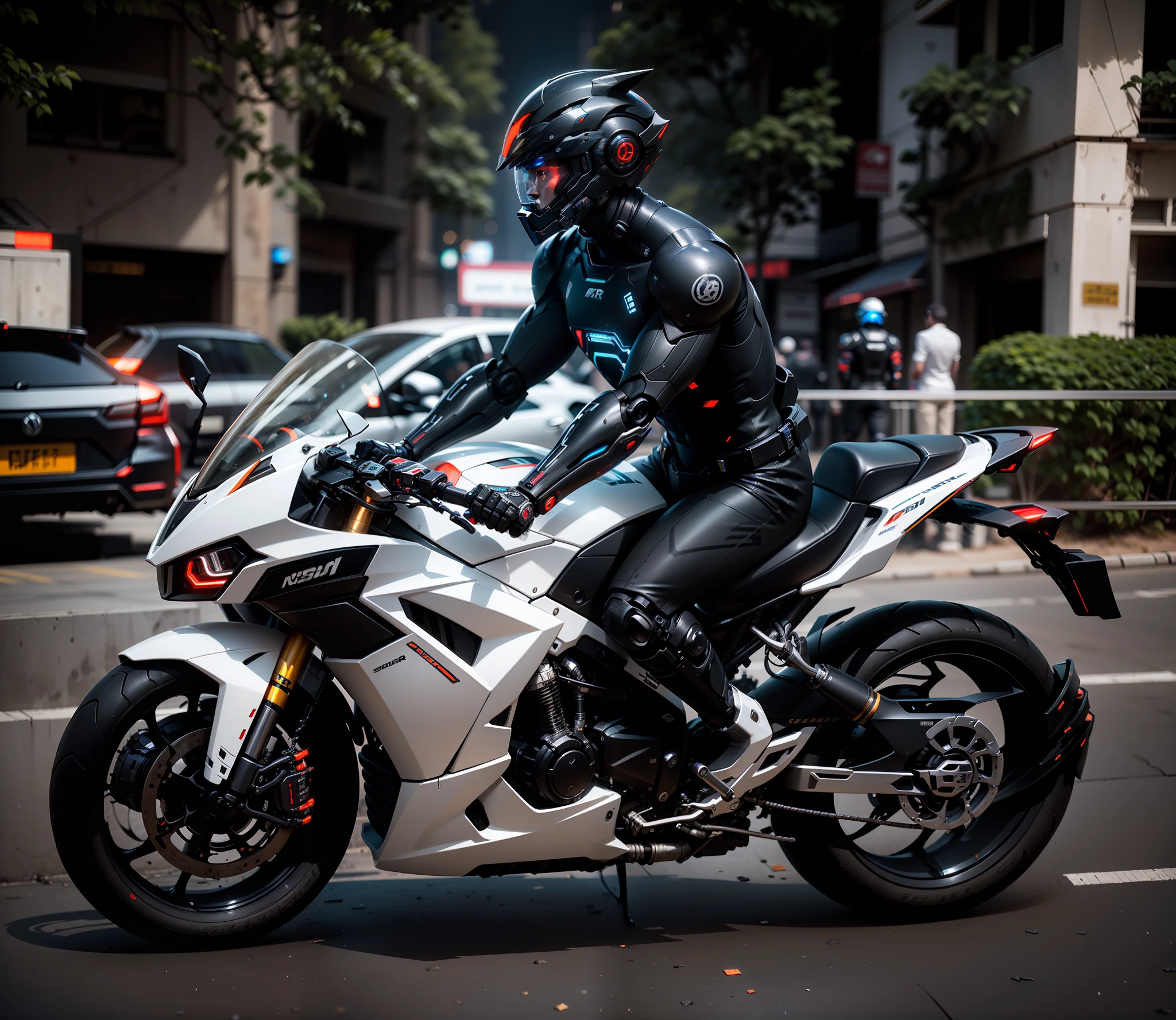 Handsome full body black mecha white short hair cyber handsome warrior, black cyber mechanical motorcycle, high-tech black full surround helmet, white short hair, Nousr, biomechanics, MSHN robot man, high-tech helmet, surreal, steel, complex design, crazy details, fine details, extremely clear lines, cinematic lighting, photo realism, detailed masterpiece