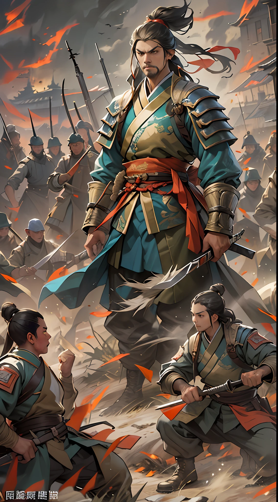 A fierce battle is about to break out between the two sides, with Li Gu standing on a high ground, wielding his weapon, soldiers of various ranks following closely behind, waiting for Li Gu's command, tense atmosphere on the battlefield, , 32k, best quality, masterpiece, super detail, high details,