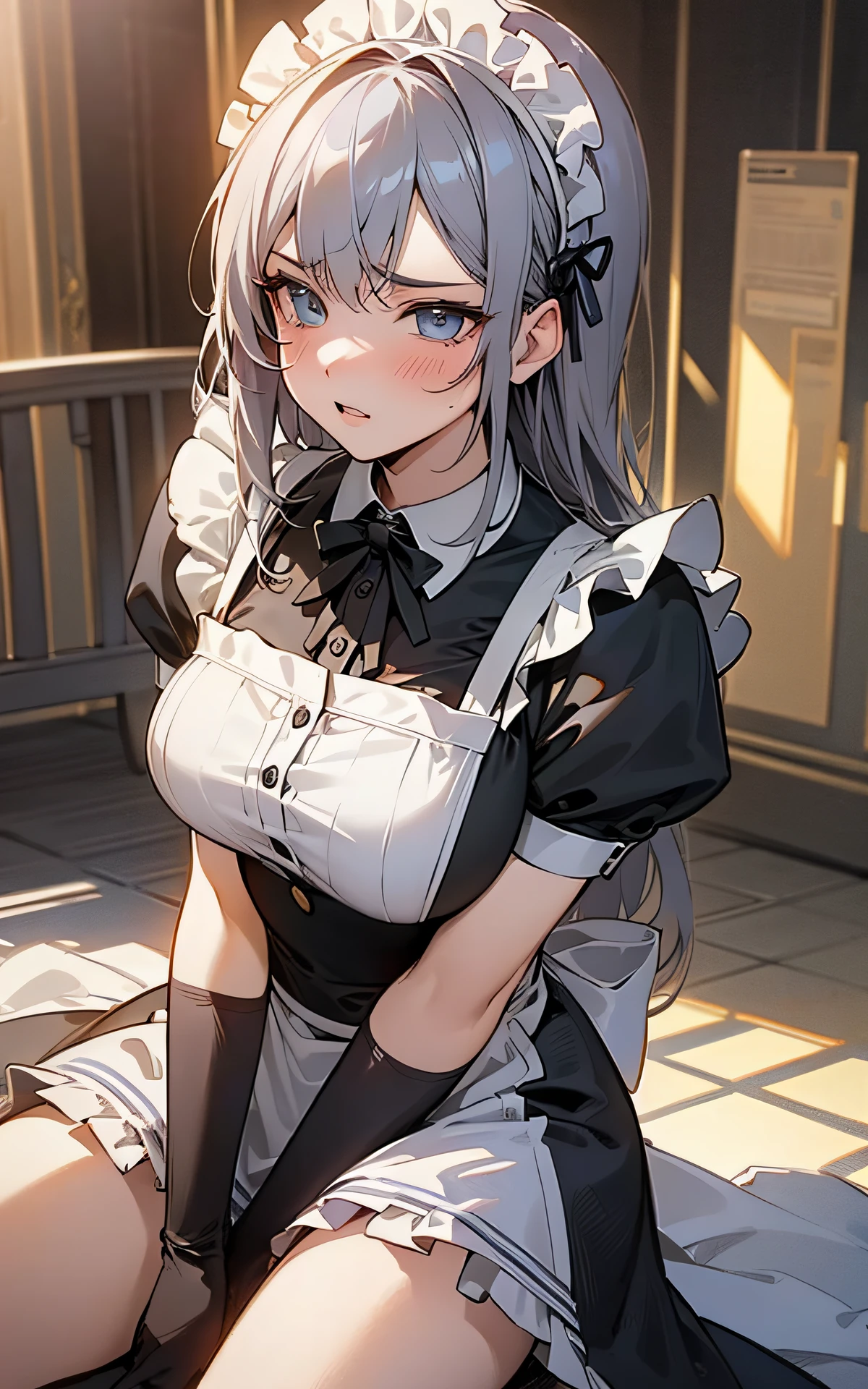 (Original Character、Unity 16K Wallpaper, Masterpiece, Best Quality, Ultra-Detailed, Extremely Detailed CG, Caustics, Cinematic Lighting, Detailed, Beautiful Detailed Eyes, solo), Ultra High Resolution, fine skin、(strong light)、(sexy women)、maid, maid apron, maid headdress,outdoor,sunny day、cowboy shot,gray hair、sit on the bench,open legs wide,blush angry,maid clothes