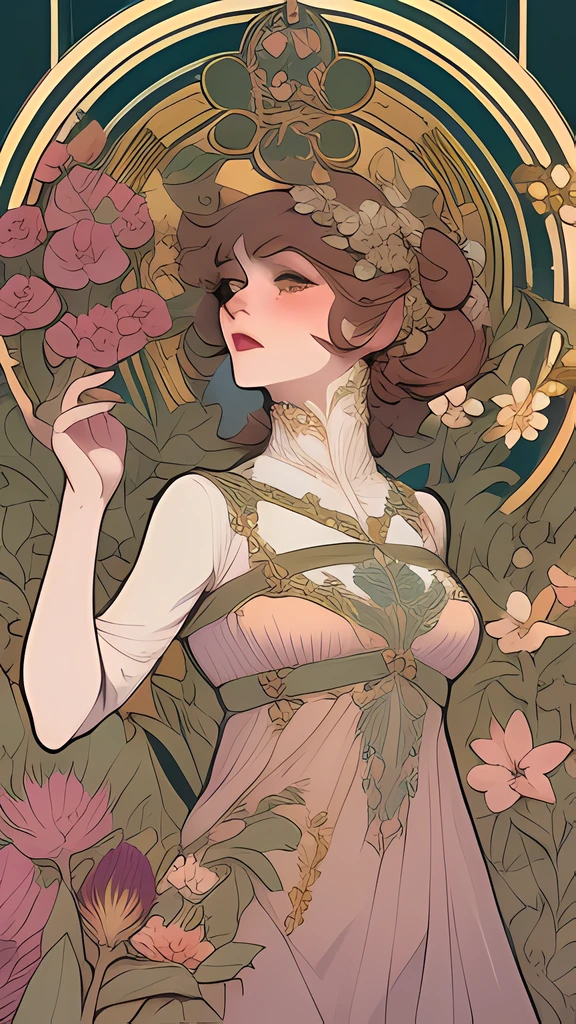 fullcolor of a woman in a dress with flowers, art nouveau
