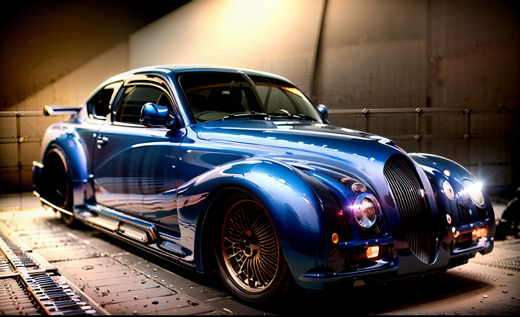 um carro azul e prateado com rodas cromadas em um fundo preto, Art Nouveau Ferrarri Carro, blue chrome top hippo body, classic cars, futuristic chrome vehicle, classic car, classic chrome, carro steampunk, Corpo cromado, carros futuristas, art nouveau octane render, Super carro, carro conceito, Bugatti, aerodynamic imposing, carro, realistic art deco, Arte do Chrome,4k,ultra-detalhado, realista, fotorrealista, studio lighting