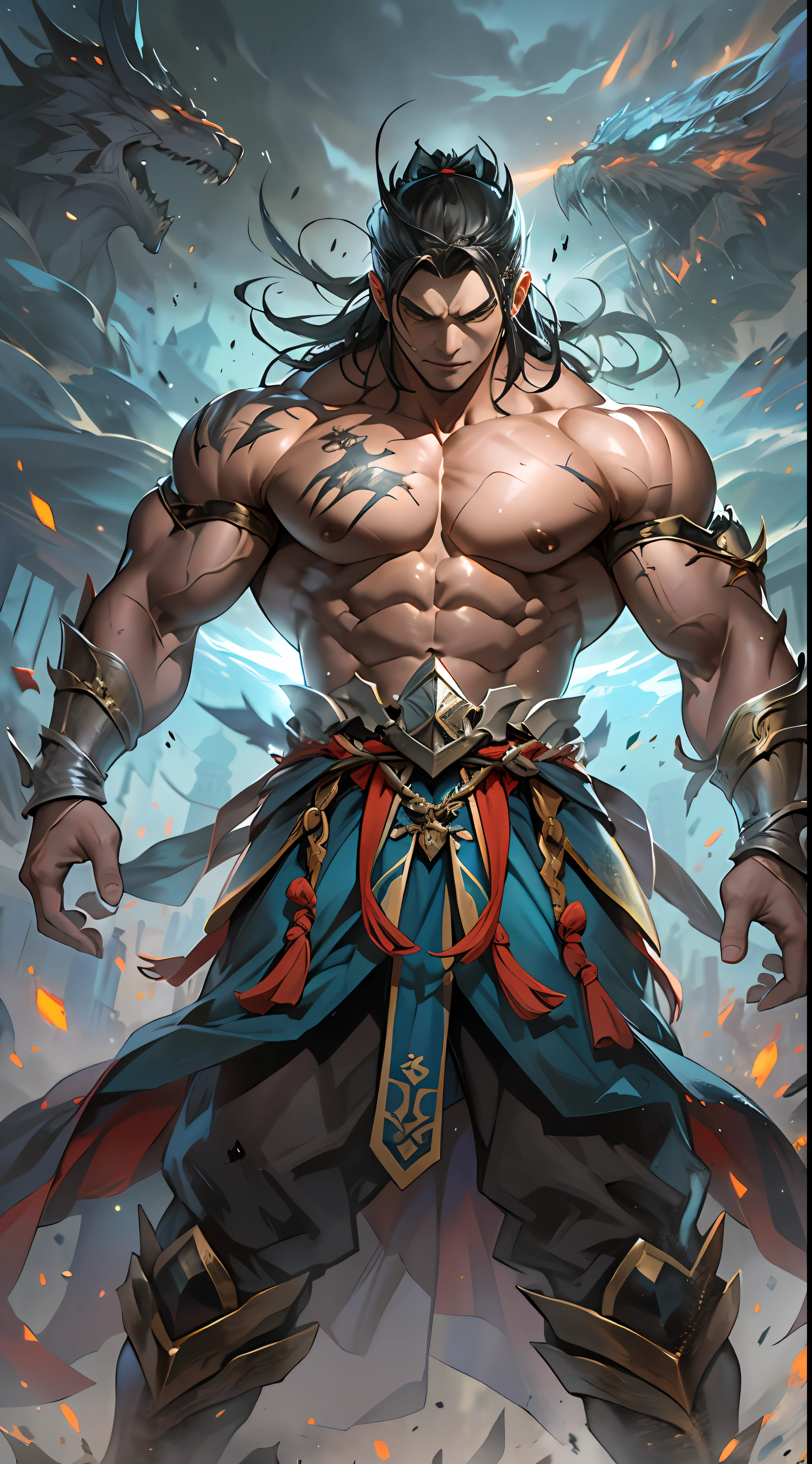 Li Gu's battle shocks everyone, displaying extraordinary combat power, his body radiating a powerful aura, bulging muscles, determined gaze, as if transformed into a war god. However, due to excessive exhaustion, he cannot sustain it for long, his stamina gradually weakening, , 32k, best quality, masterpiece, super detail, high details,