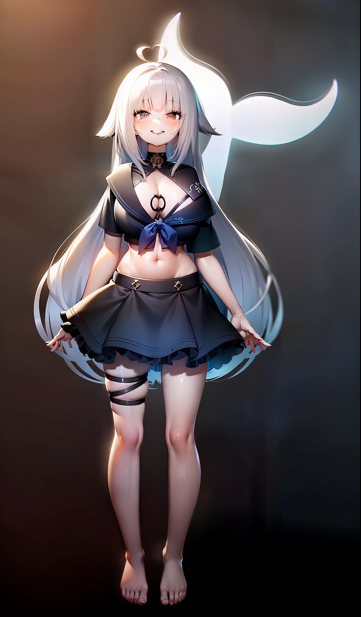 ((Beautiful,line_art), vtuber, big breasts, exposed belly button, curvy,(black and white hair,smiling,legs, bare feet, wearing a dark blue skirt)),clean background