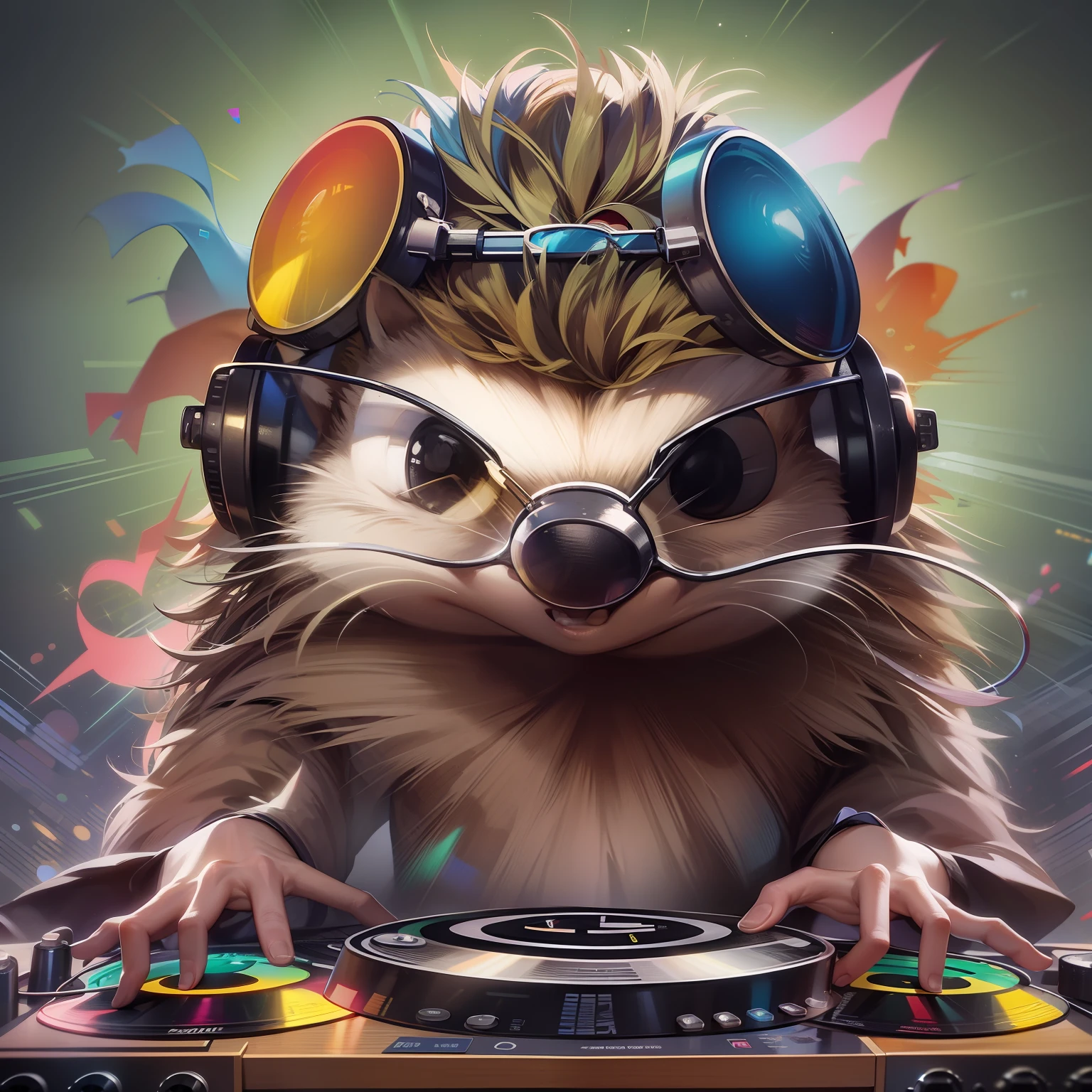 "Create a vivid and energetic image of a hedgehog DJ, spinning records and wearing cool sunglasses. Use the keywords 'hedgehog', 'DJ', 'records', 'sunglasses', 'vivid', and 'energetic' in your description."