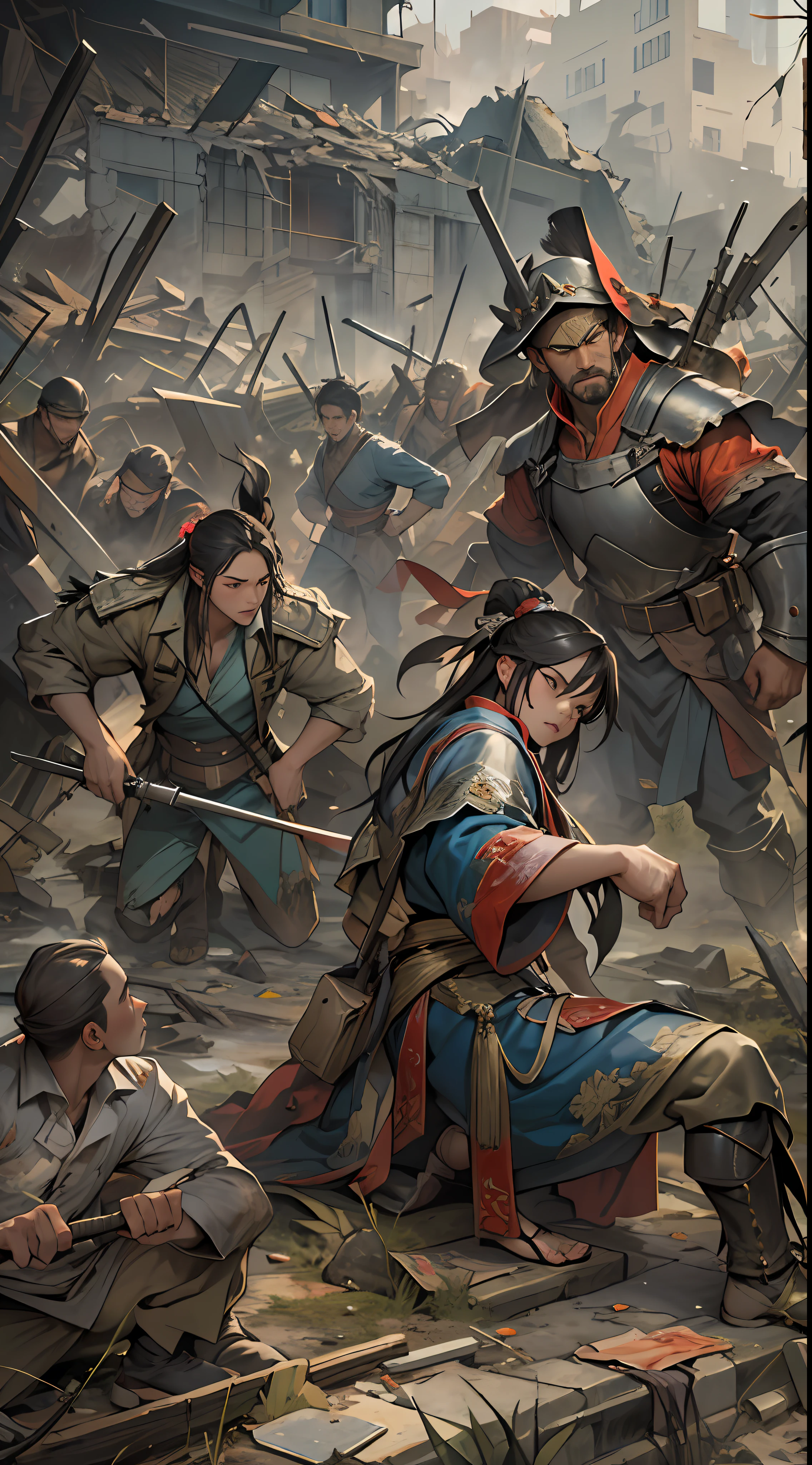 Yuan Jie and others realize the unfavorable situation, proposing to end the battle and retreat in the face of powerful enemies, their expressions solemn, eyes revealing helplessness and disappointment, a war-torn battlefield with broken buildings and debris in the background, , 32k, best quality, masterpiece, super detail, high details