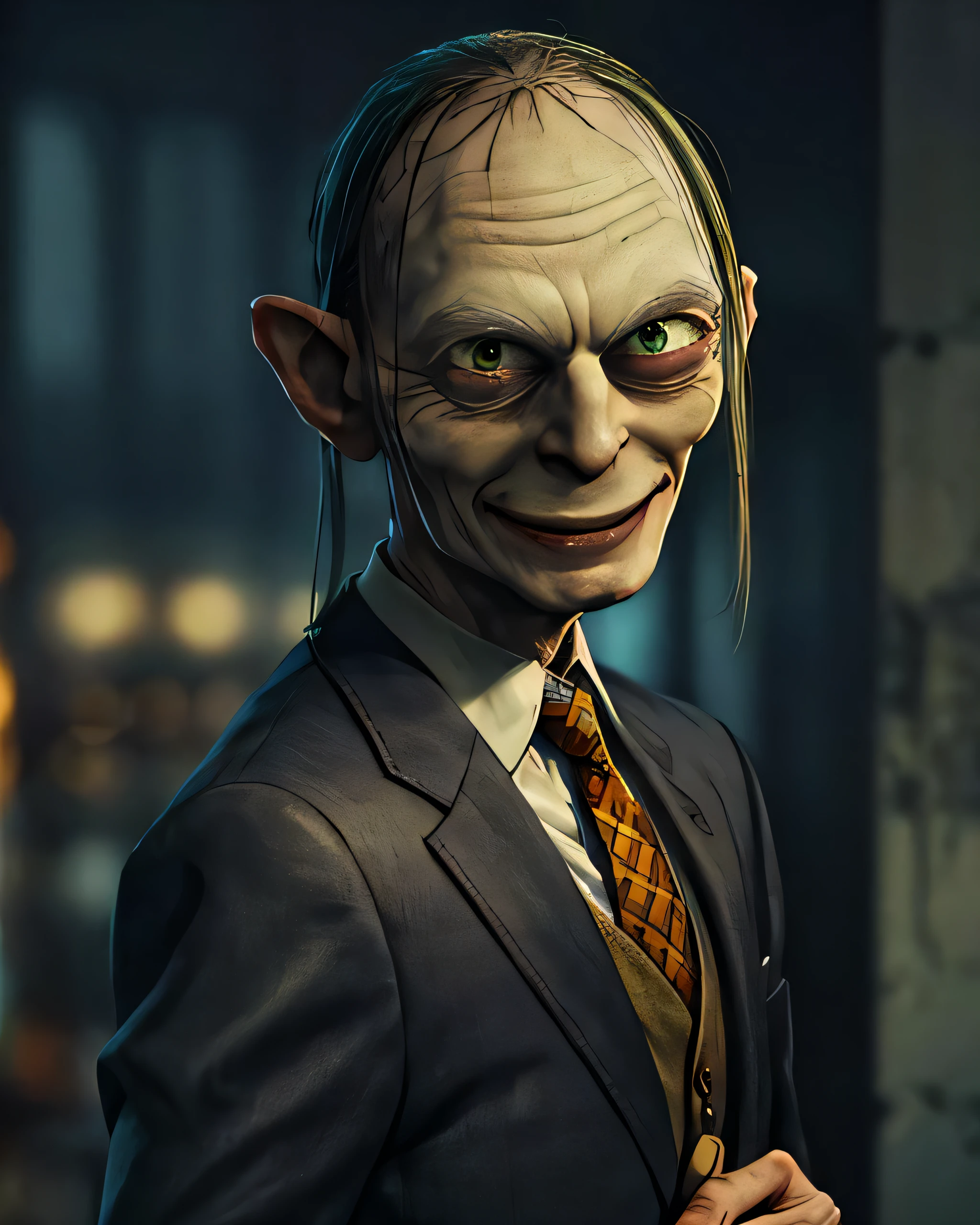masterpiece, best quality, detailed, smeagol,a man with a weird face and a weird haircut is smiling for a picture, suit jacket, tie, detailed face, looking at viewer, (upper body:1.4)