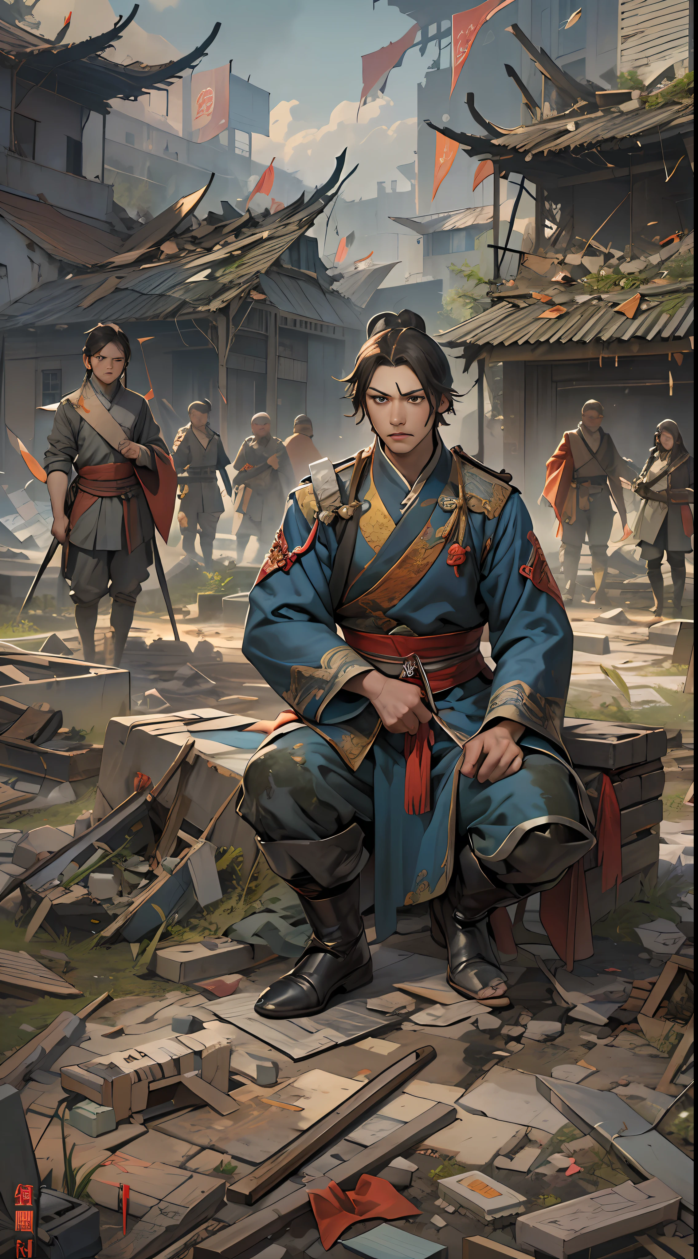 Yuan Jie and others realize the unfavorable situation, proposing to end the battle and retreat in the face of powerful enemies, their expressions solemn, eyes revealing helplessness and disappointment, a war-torn battlefield with broken buildings and debris in the background, , 32k, best quality, masterpiece, super detail, high details