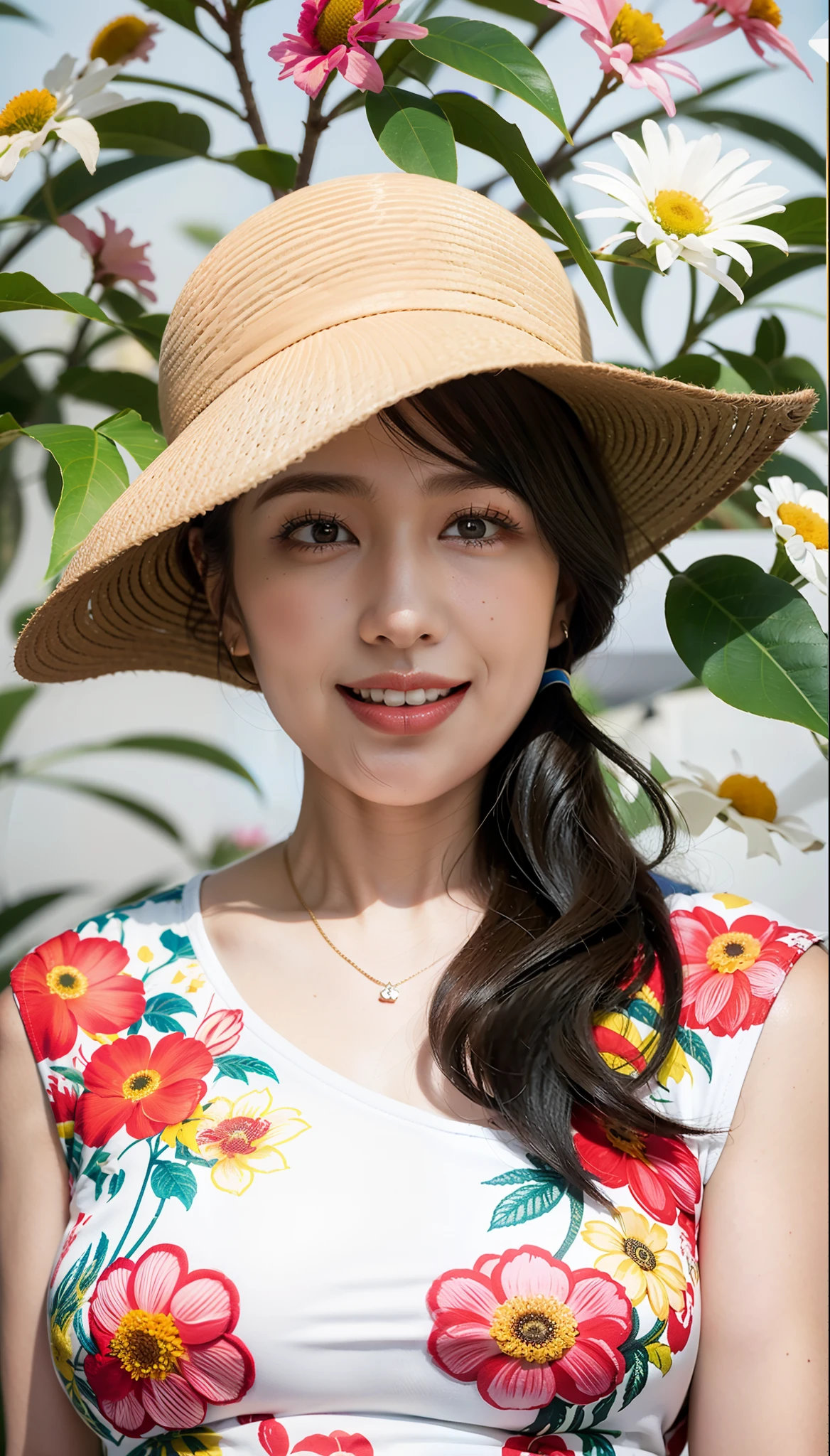 (flat-colors:0.9),(colourfull:1.1),(masterpiece:1,2), top-quality, masterpiece, hight resolution, Original, highly detailed wallpaper, Viewer's Perspective,Solo,portlate, ((A MILF))、55 years old、Mature Woman Body Set、Exposing breasts、showing teeth、Detailed tongue、Detailed mouth、Staring at this、Floral background、Perfect fingertip、((No hat))、