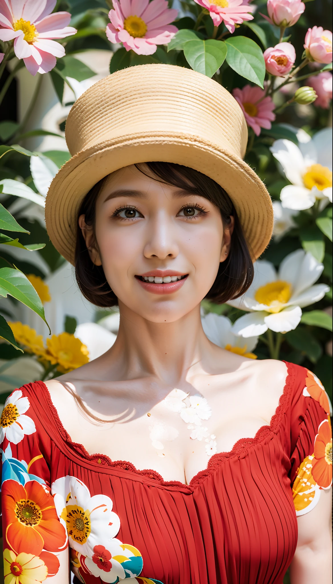 (flat-colors:0.9),(colourfull:1.1),(​masterpiece:1,2), top-quality, ​masterpiece, hight resolution, Original, highly detailed wallpaper, Viewer's Perspective,Solo,portlate, ((A MILF))、55 years old、Mature Woman Body Set、Exposing breasts、showing teeth、Detailed tongue、Detailed mouth、Staring at this、Floral background、Perfect fingertip、((No hat))、