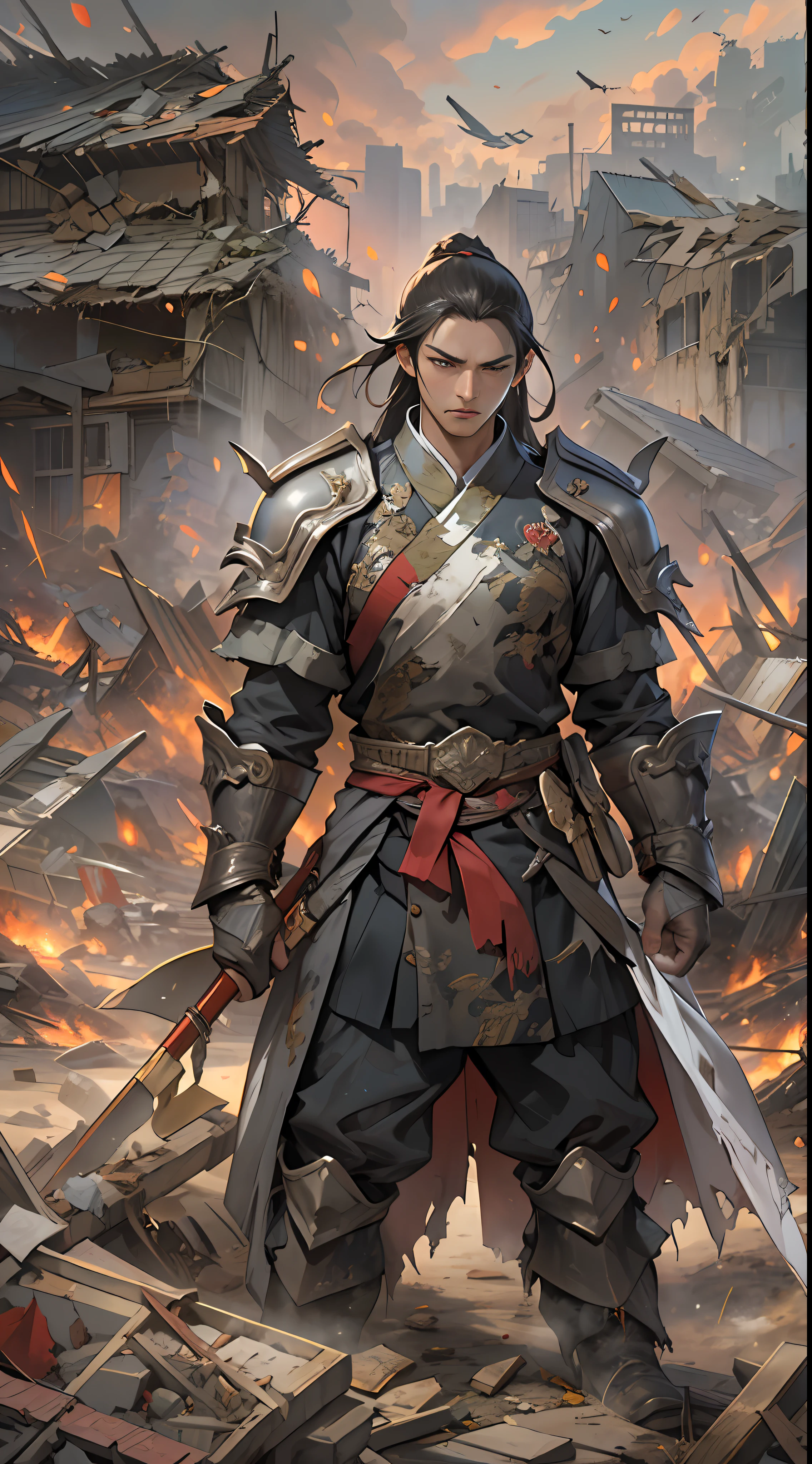Yuan Jie and others realize the unfavorable situation, proposing to end the battle and retreat in the face of powerful enemies, their expressions solemn, eyes revealing helplessness and disappointment, a war-torn battlefield with broken buildings and debris in the background, , 32k, best quality, masterpiece, super detail, high details