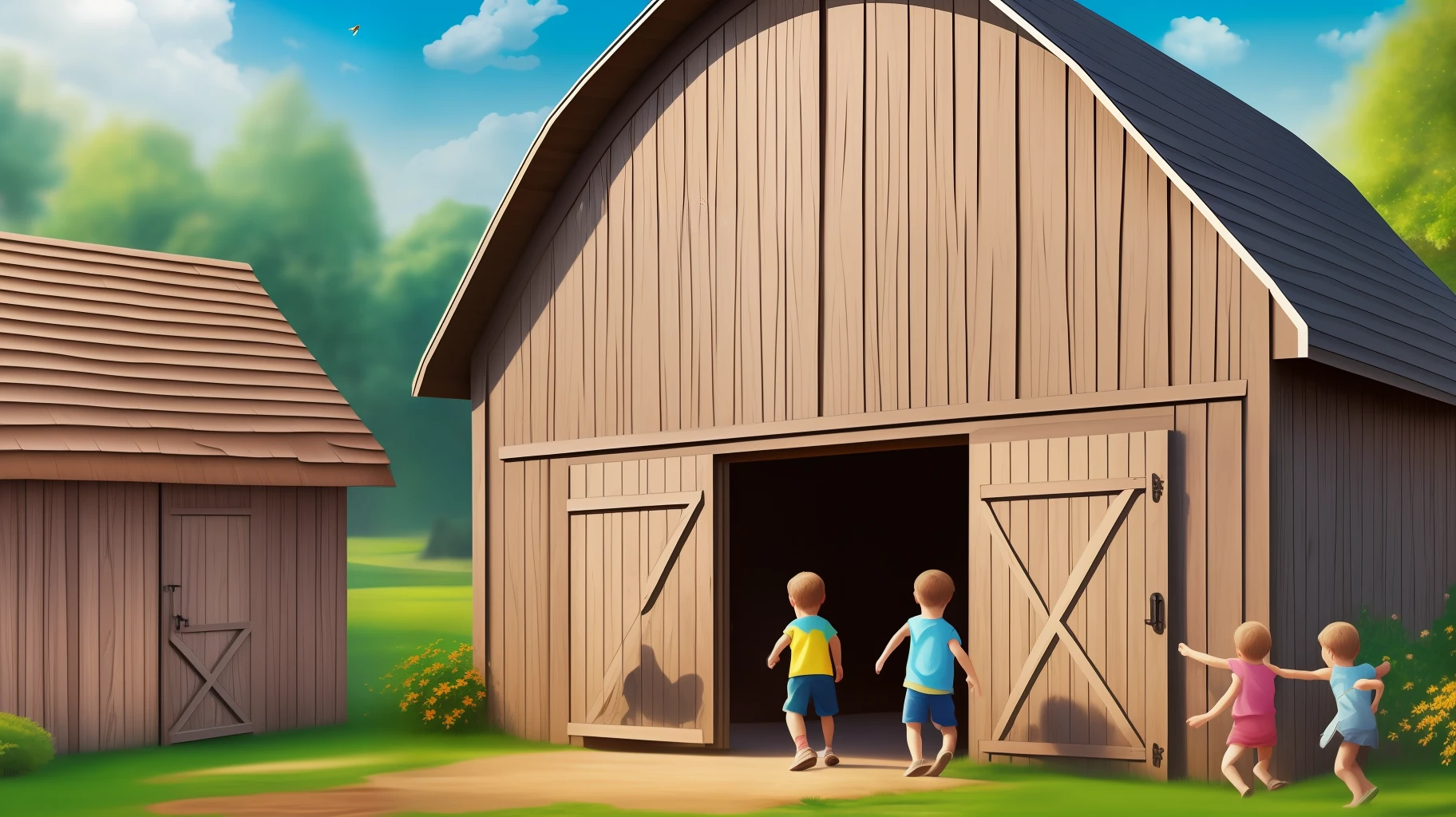 Group of children playing near a barn,
Qualidade premium, Detailed illustration in high-resolution CG, imagem ao ar livre, cena colorida, alegria de vida infantil, Amazing nature, resplandecente.