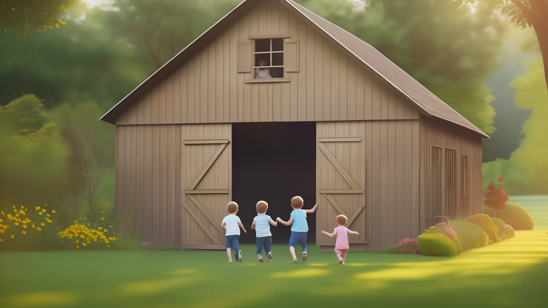 Group of children playing near a barn,
Qualidade premium, Detailed illustration in high-resolution CG, imagem ao ar livre, cena colorida, alegria de vida infantil, Amazing nature, resplandecente.