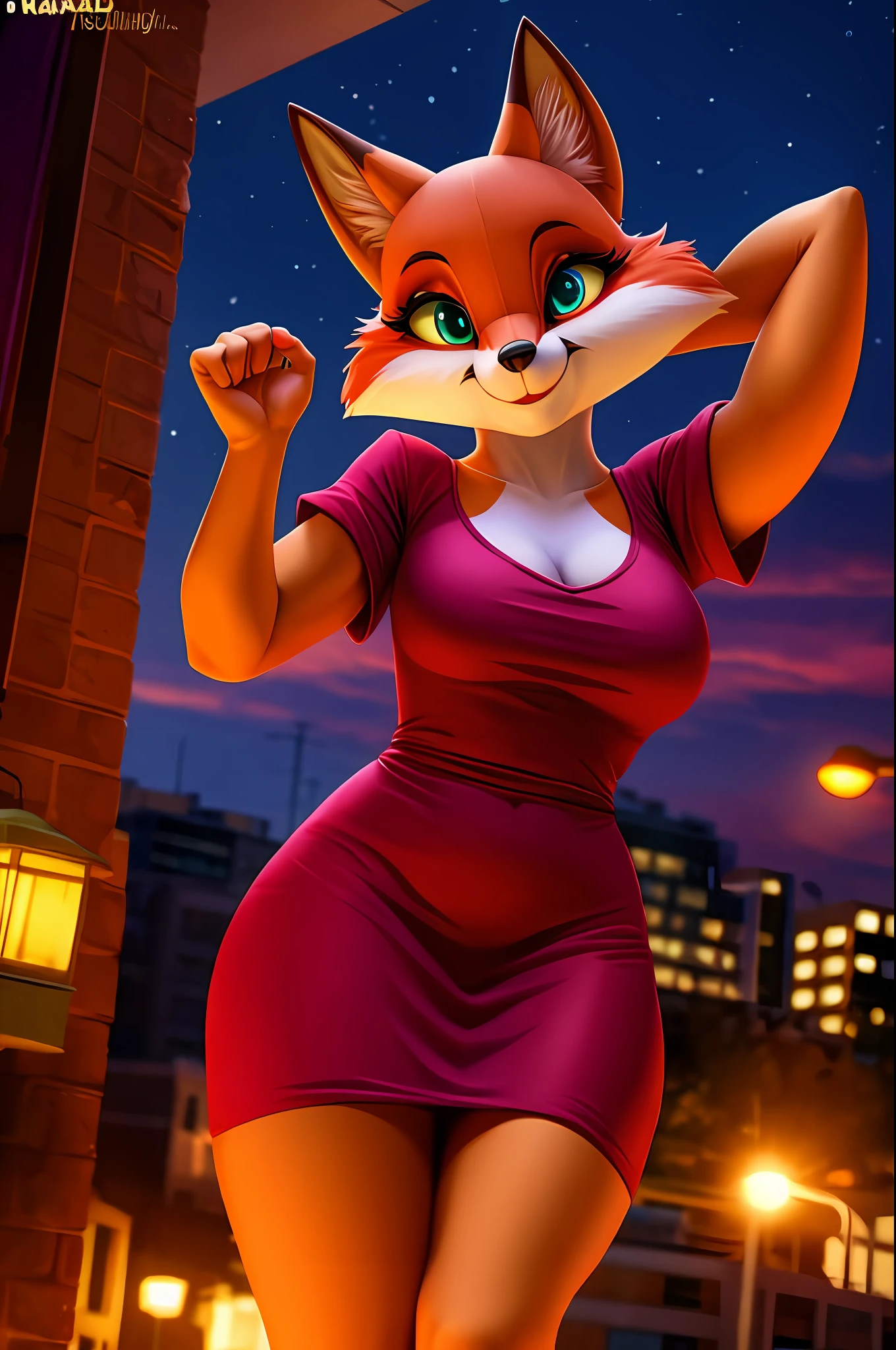 Female antro fox posing for a photo, usando vestido elegante,
good hand, 4k, alta resolução, obra-prima, melhor qualidade, headpe: 1.3, ((fotografia Hasselblad)), pele finamente detalhada, foco nítido, (cinematic lighthing), noite, soft-lighting, dinamic angle, [:(rosto detalhado: 1.2): 0.2],(((na cidade))),