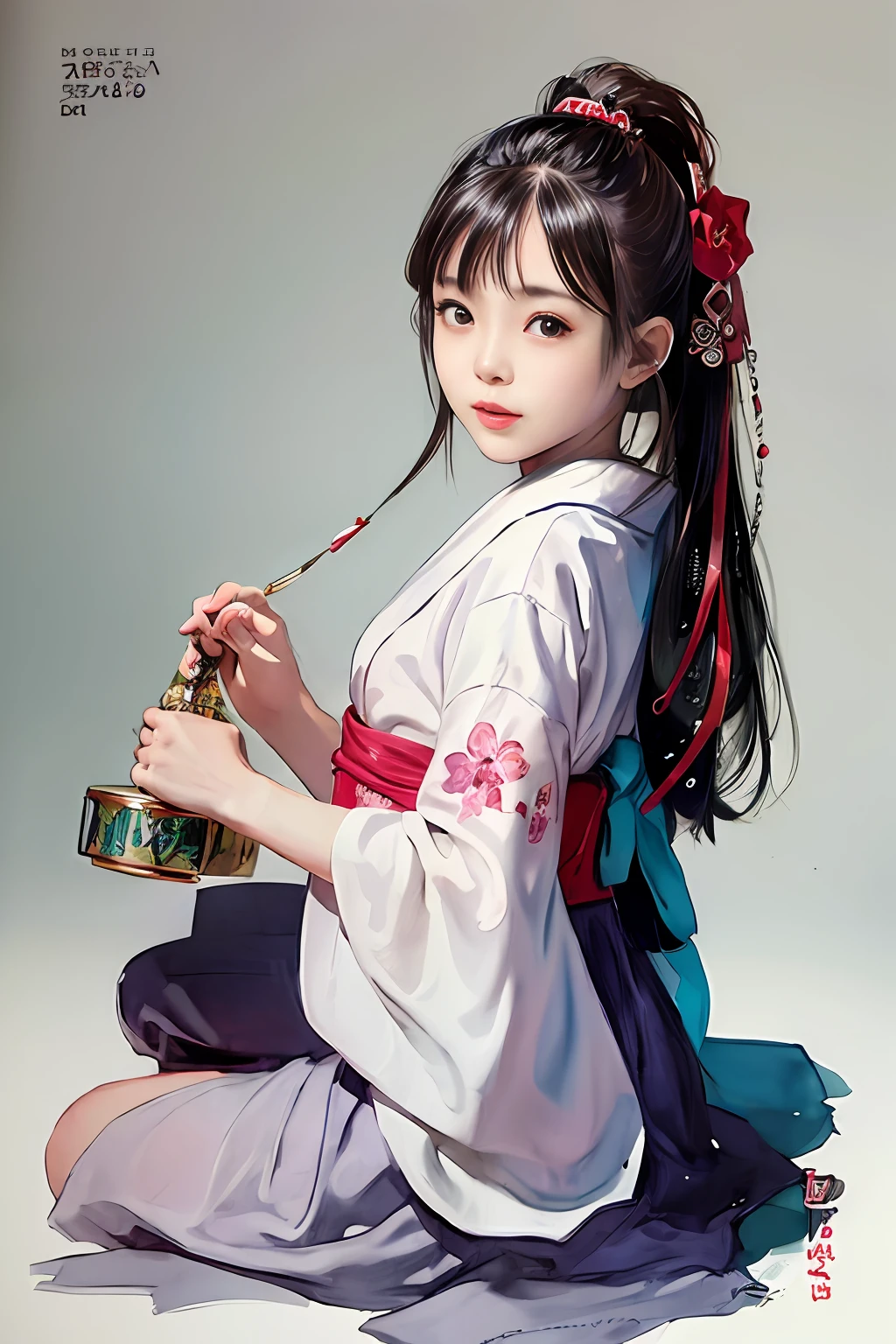(Eyes closed)(Wear Japan furisode)、(White background:1.4), (The upper part of the body)), Original,(illustratio:1.1),(Top image quality),(masterpiece:1.1),(Ultra detailed CG unified 8k wallpaper:1.1),(独奏:1.2),((watercolor paiting)), { 1 Girl Standing},((Japan yukata style)),flowers background, Look at the viewer and close their eyes、Making a happy expression and sleeping、Soft sleeping face、pure、Beautiful face and eyes、(Beautiful white base pink Japan yukata)、(Black Hair Ponytail)、Black eyes、(extremely delicate and beautiful)、(Beautiful 8k face)、(Shamefully, Look diagonally upwards and close your eyes while looking into the distance)、(独奏)、(Clear skin)、(Soft hair)、(hugetits)、(Floral kimono wearing white and red yukata)、((Magazine covers))、((Lantern light night background))、Undersized nose、Cute small lips、red lipsticks、Petite and pretty girl、Wearing maiko makeup、Japan Girl、(Japan beautiful girl wearing kimono with her ponytail swinging and turning around and closing her eyes)、Blush cheeks in embarrassment
