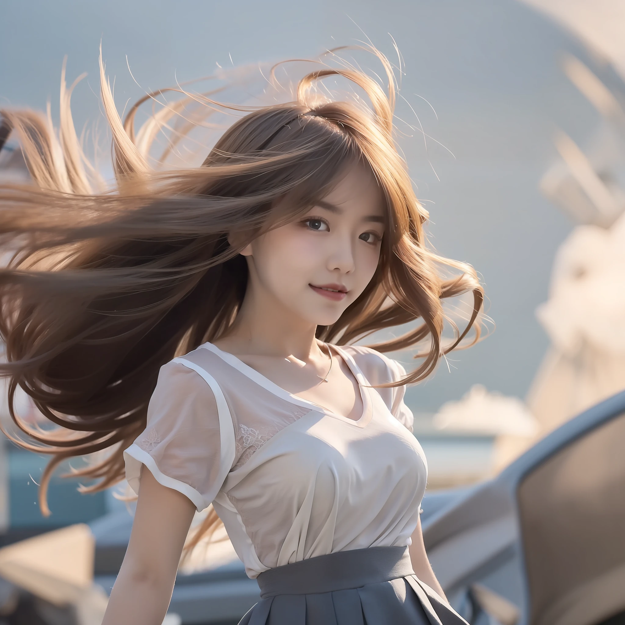 "(Best picture quality、A masterpice), white backgrounid, Ultra-thin paper,Sparkling, Beautiful and tasteful, The wind blew for a long time, curly blond hair, Vivid and stunning,Scottish pleated skirt,Greater wind,The wind blows hair,Floating hair,Static clothes,Short sleeved bodice。"