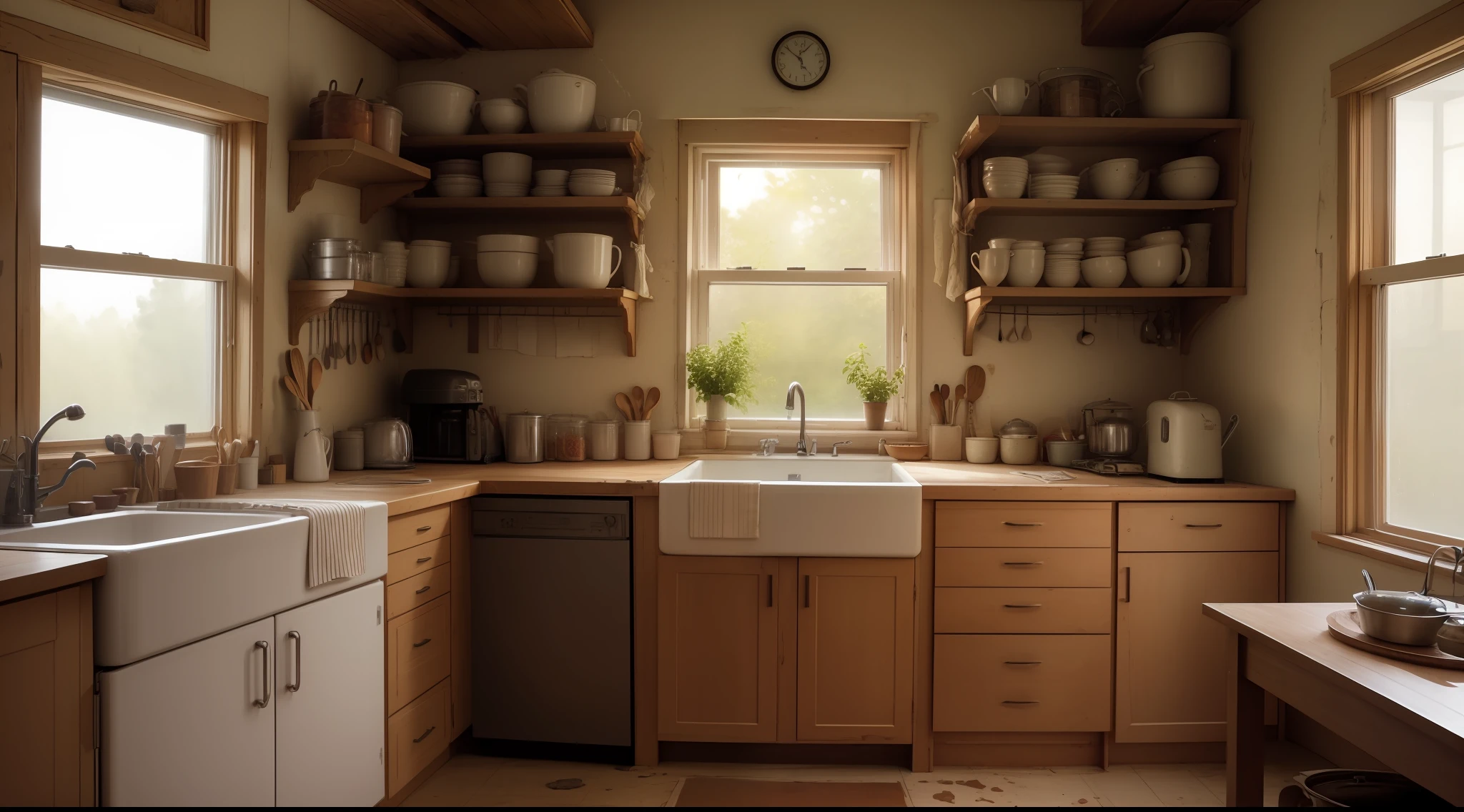 open and empty kitchen cabinets an old kitchen from the 1990's at night with very little ambient light --auto