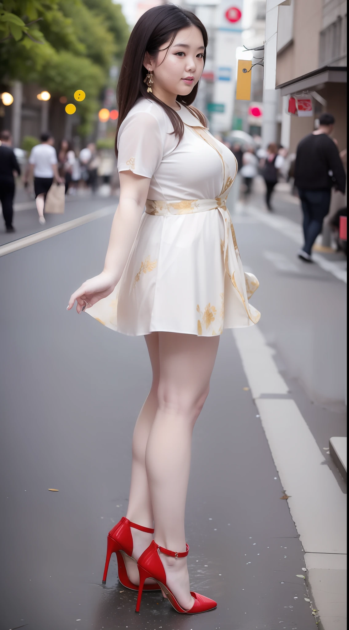 Photography of fat plus-size beauty by the sea,short- sleeved+short skirt,red high heel pumps,(((Take full-body photos on the street))),180cm tall,Long legs,The legs are thick,Low angle photographic composition,Conservative and unexposed