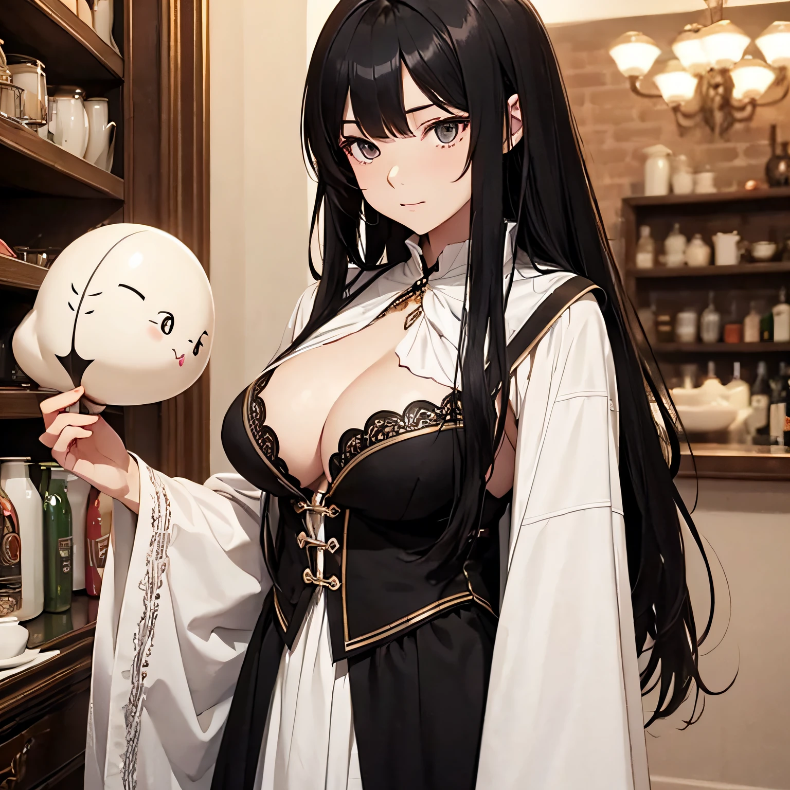 Upper body image of a person,Anime style,Long black hair,Air bangs,Antique beauty,Manteau blanc,breast enhancement,Tall and thin,white skinned,Fava bean eyes,period costume --auto
