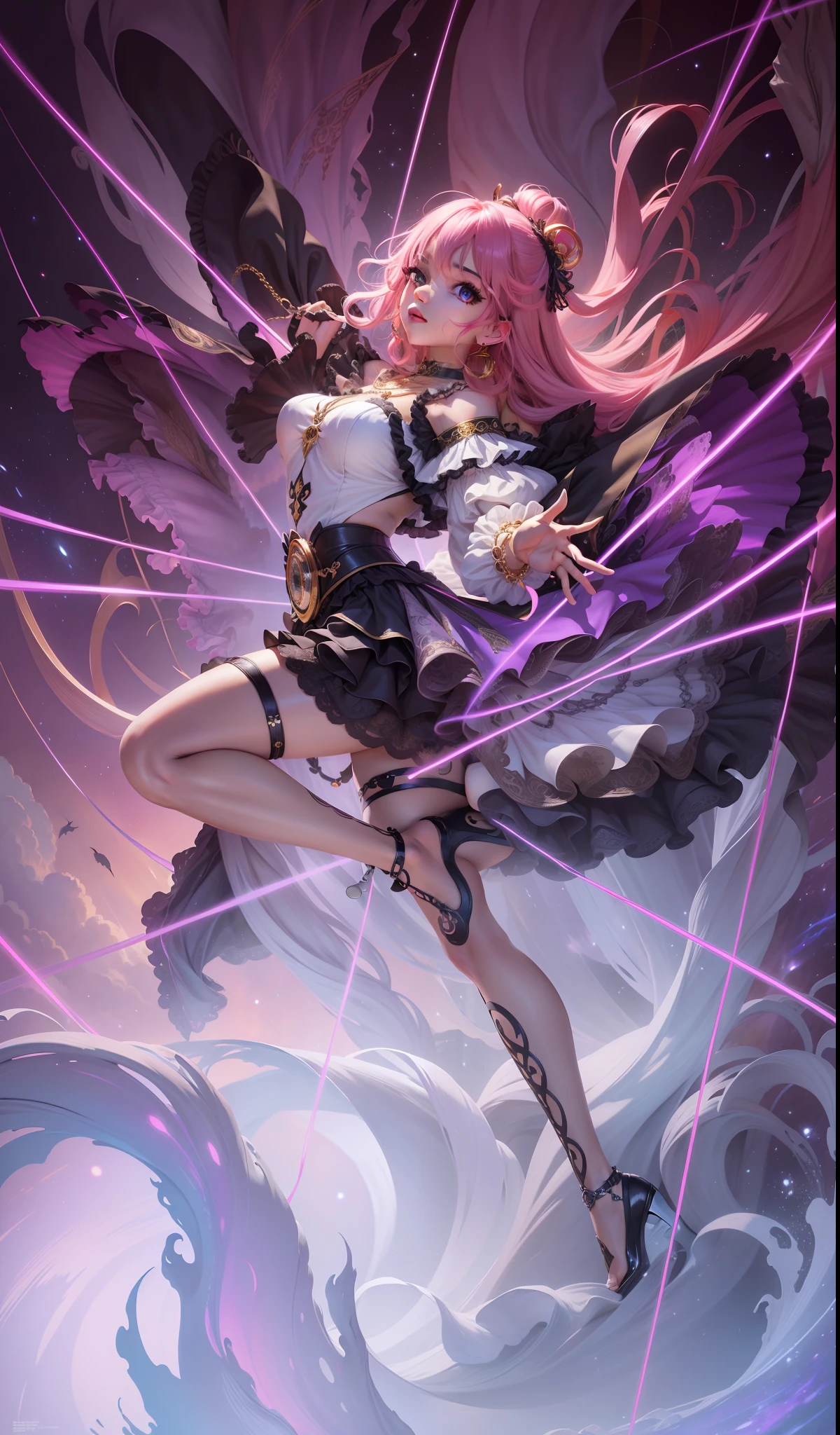 tmasterpiece, Best quality at best, (colorful), (Fine beautiful eyes and detailed face), cinmatic lighting, Bust shot, the Extremely Detailed CG Unity 8K Wallpapers, A pink-haired, 独奏, Gold jewelry, choker necklace, bangle, black lence stockings, rays of moonlight, themoon, the night, (Dark theme:1.3), optic, fanciful, ((Dark skin))