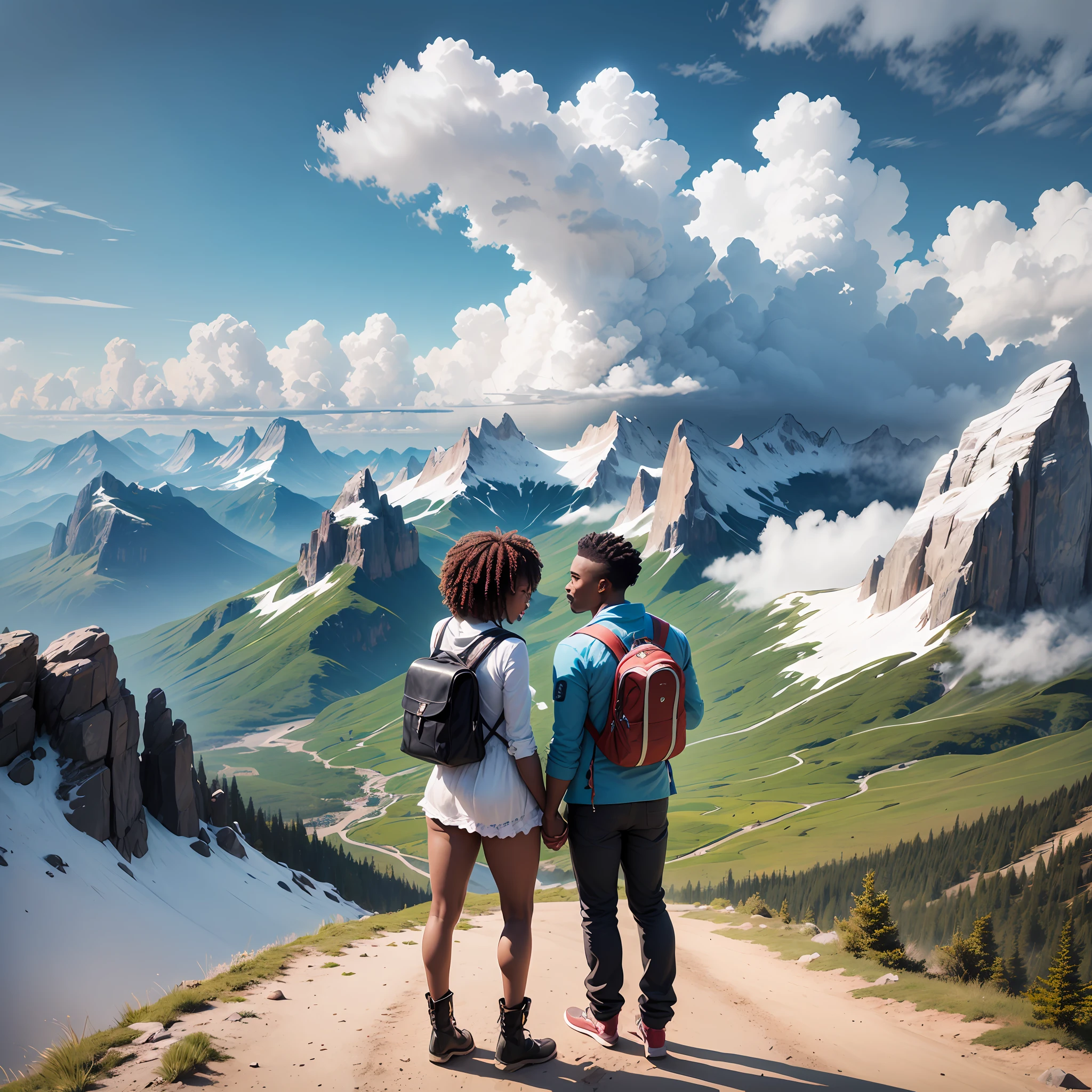 A couple of young black men and women who love each other hand in hand on a mountain with a beautiful sky and beautiful vegetation m --auto