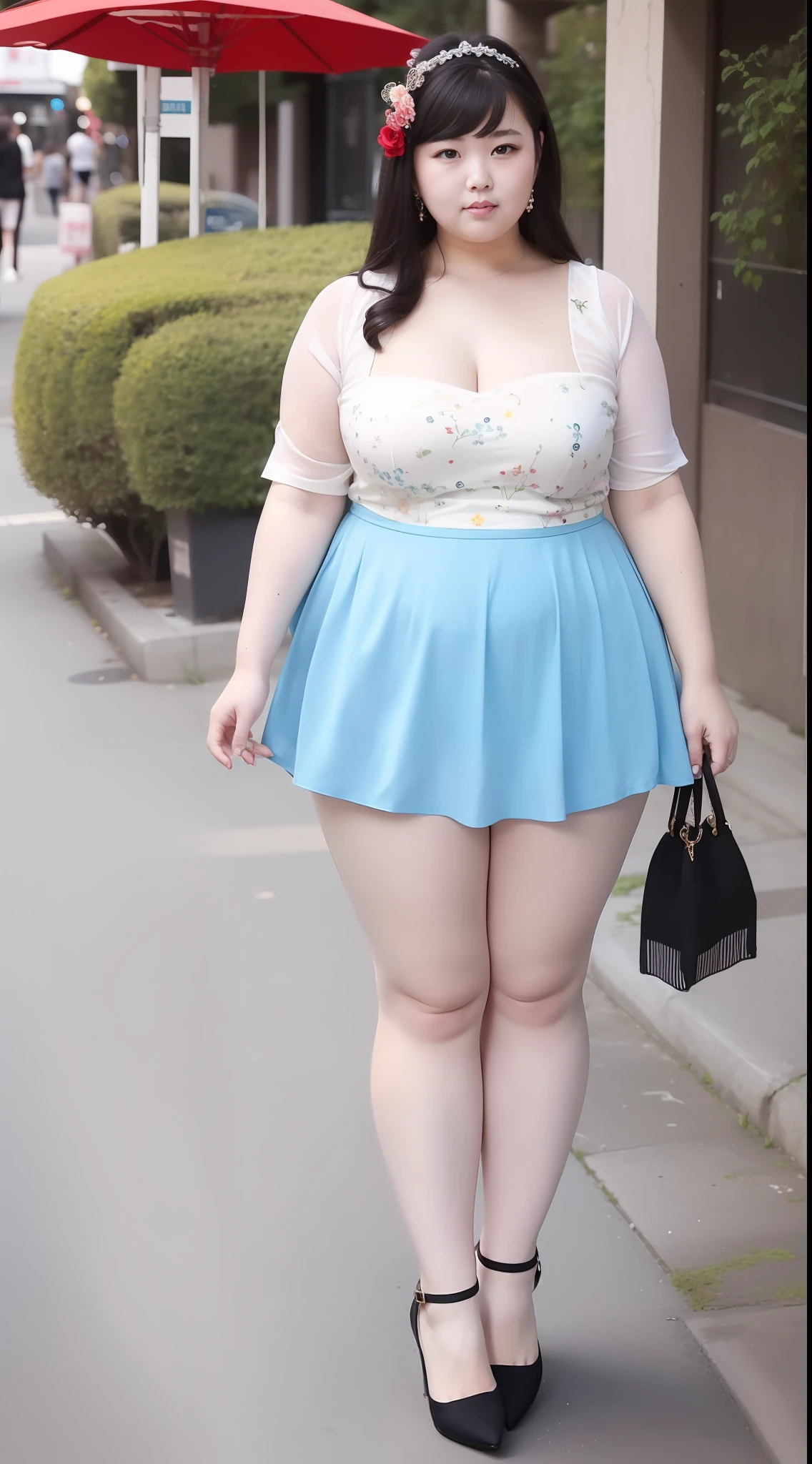 Photography of fat plus-size beauty by the sea,short- sleeved+short skirt,red high heel pumps,(((Take full-body photos on the street))),180cm tall,Long legs,The legs are thick,Low angle photographic composition,Conservative and unexposed