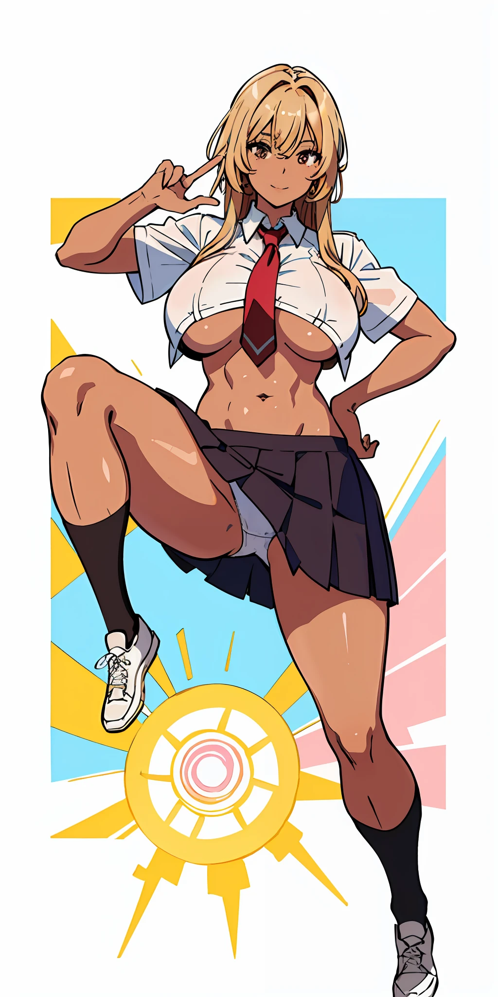 (top-quality、masterpiece)、1girl in、A stunning、a smile、a blond、barechested、School Uniforms、A stunning、(((Brown skin tone)))、sun burn、Mole、(((Colossal tits)))、large full breasts、Sheer areol、Kicking、Pink underwear is visible、Show underwear、neck tie
